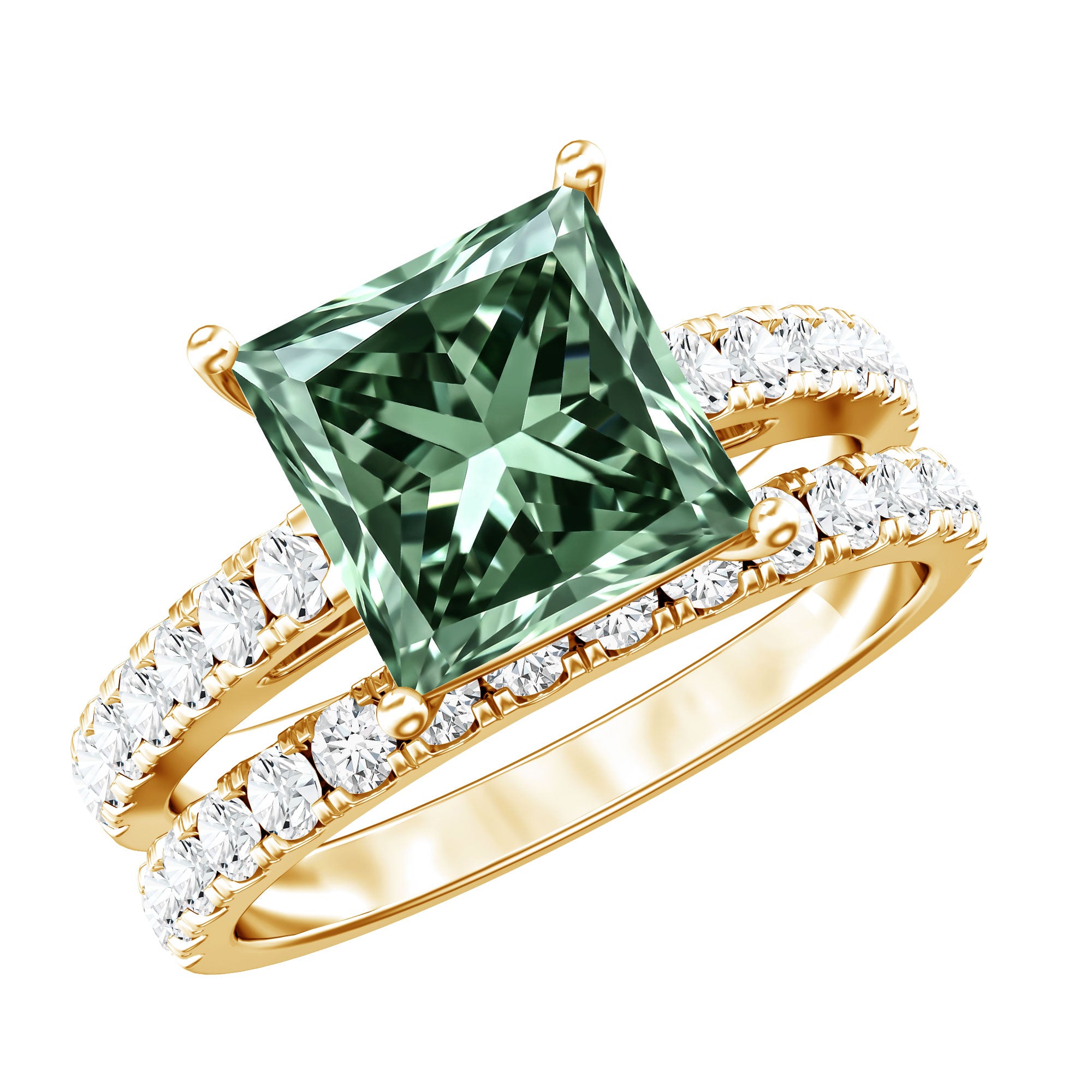IGI Certified 1 Carat Princess Cut Lab Grown Green Diamond Bridal Ring Set Vivid Green - VS1 - Rosec Jewels