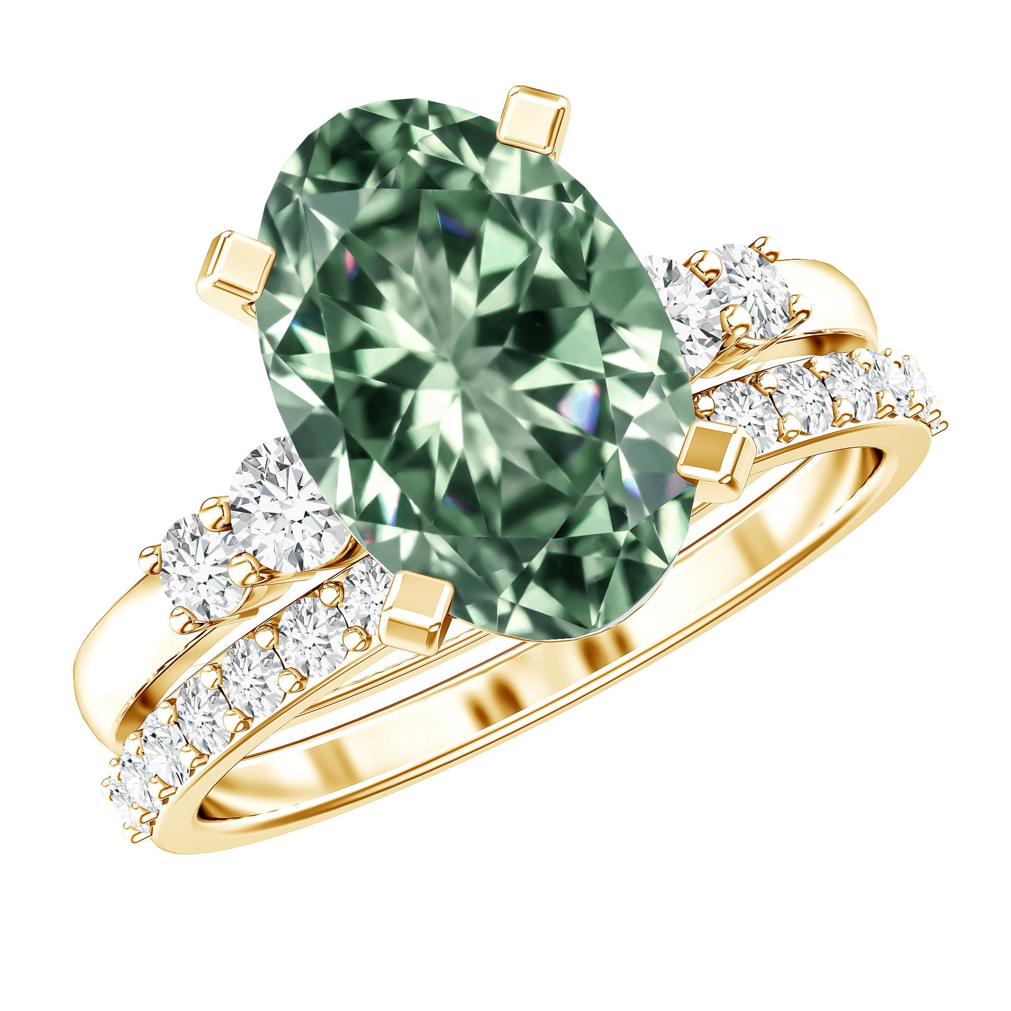 IGI Certified Oval Lab Grown Green Diamond Wedding Ring Set 4 Carat Vivid Green - VS1 - Rosec Jewels
