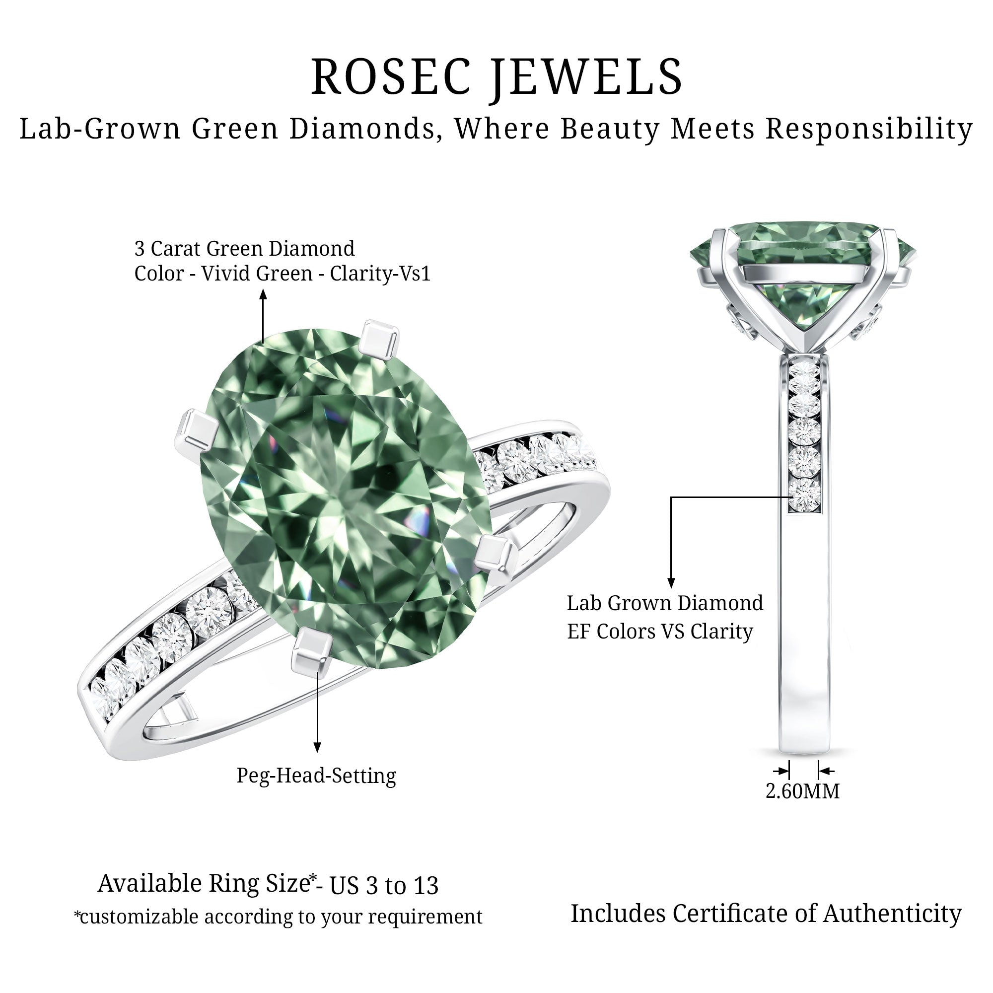 3 Carat IGI Certified Lab Green Diamond Solitaire Oval Engagement Ring with Side Stones Vivid Green - VS1 - Rosec Jewels