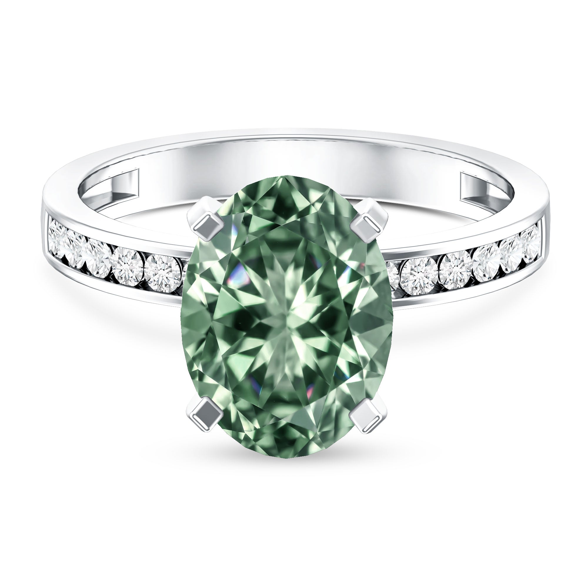 3 Carat IGI Certified Lab Green Diamond Solitaire Oval Engagement Ring with Side Stones Vivid Green - VS1 - Rosec Jewels