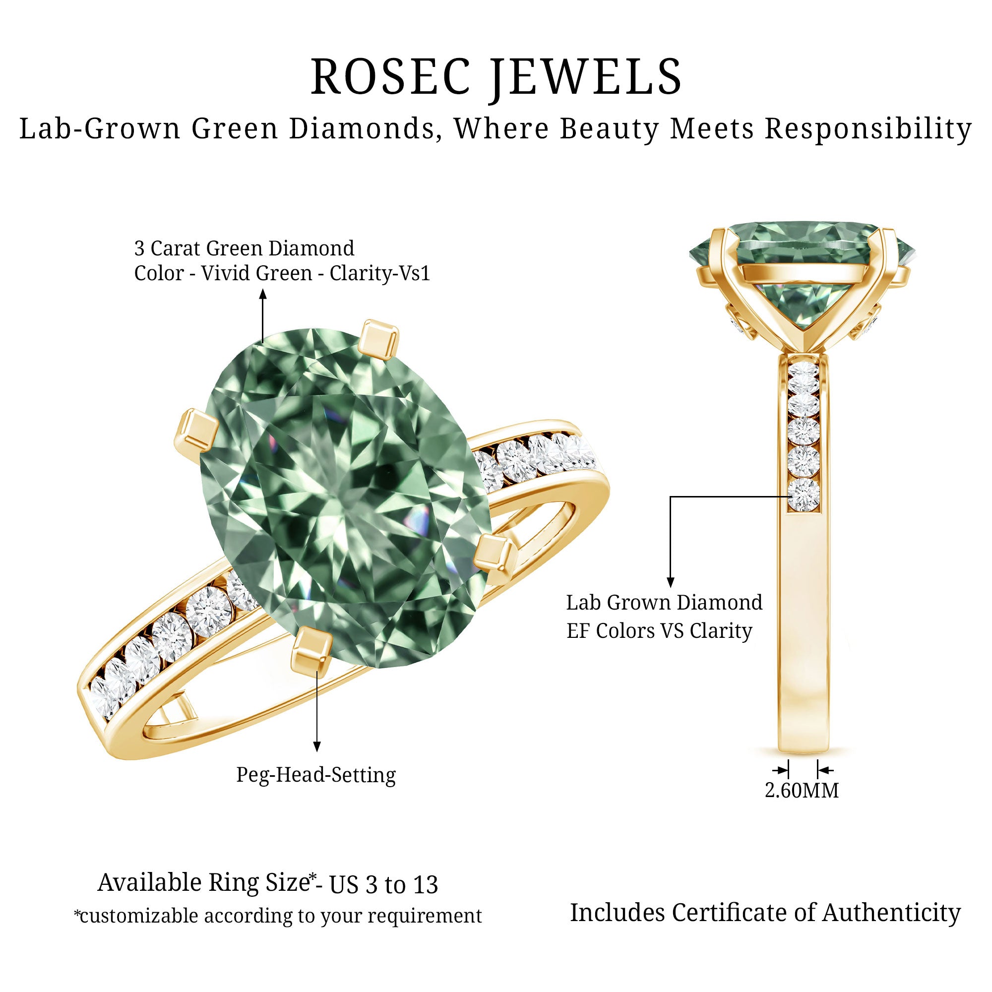 3 Carat IGI Certified Lab Green Diamond Solitaire Oval Engagement Ring with Side Stones Vivid Green - VS1 - Rosec Jewels