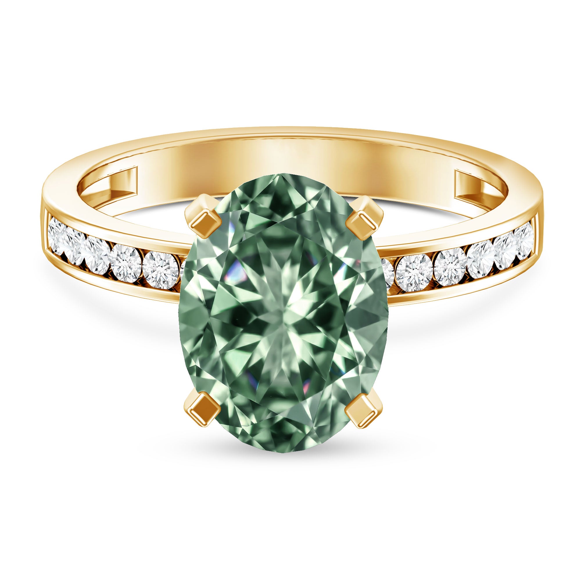 3 Carat IGI Certified Lab Green Diamond Solitaire Oval Engagement Ring with Side Stones Vivid Green - VS1 - Rosec Jewels