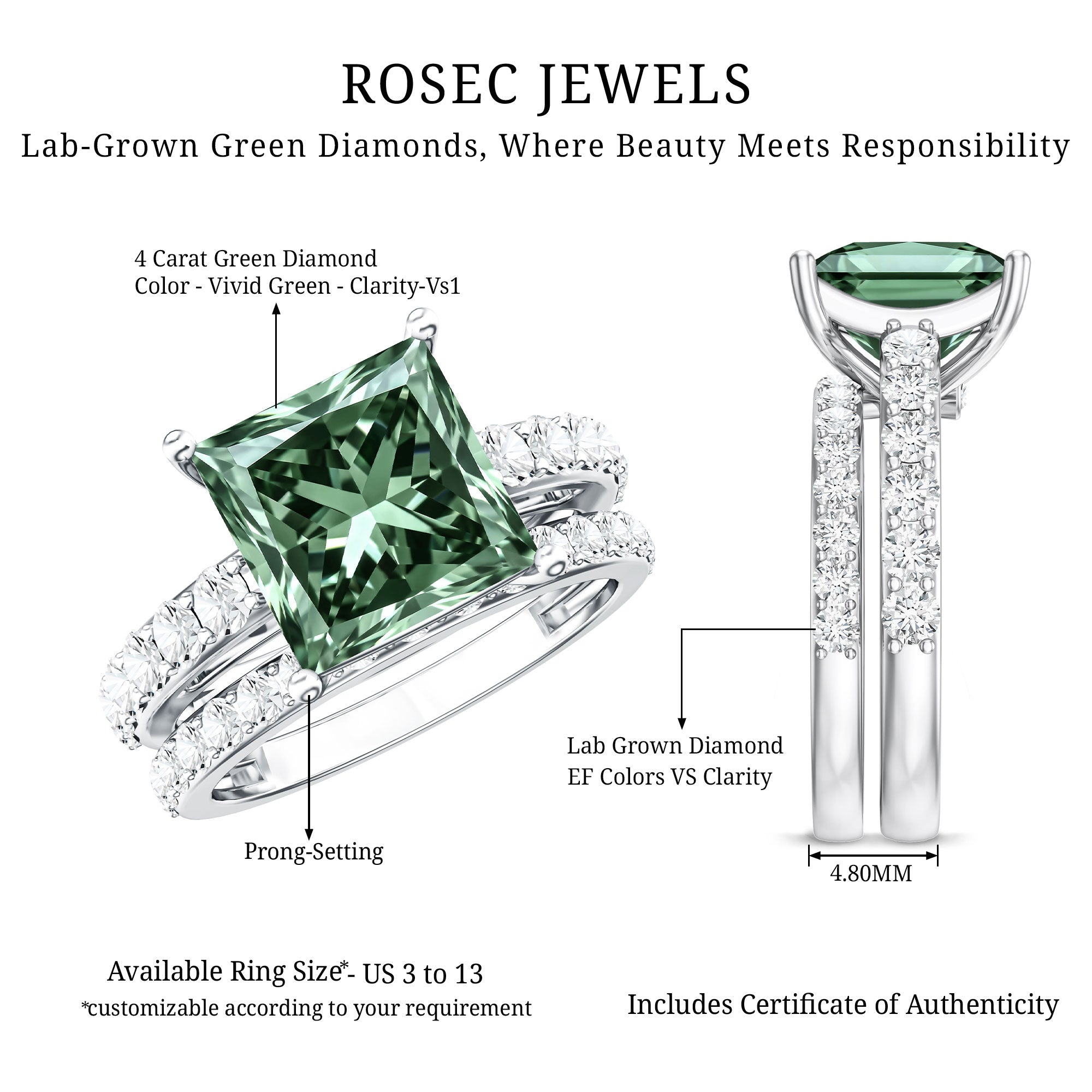 4 Carat Lab Grown Green Diamond Princess Cut Bridal Ring Set with IGI Certificate Vivid Green - VS1 - Rosec Jewels