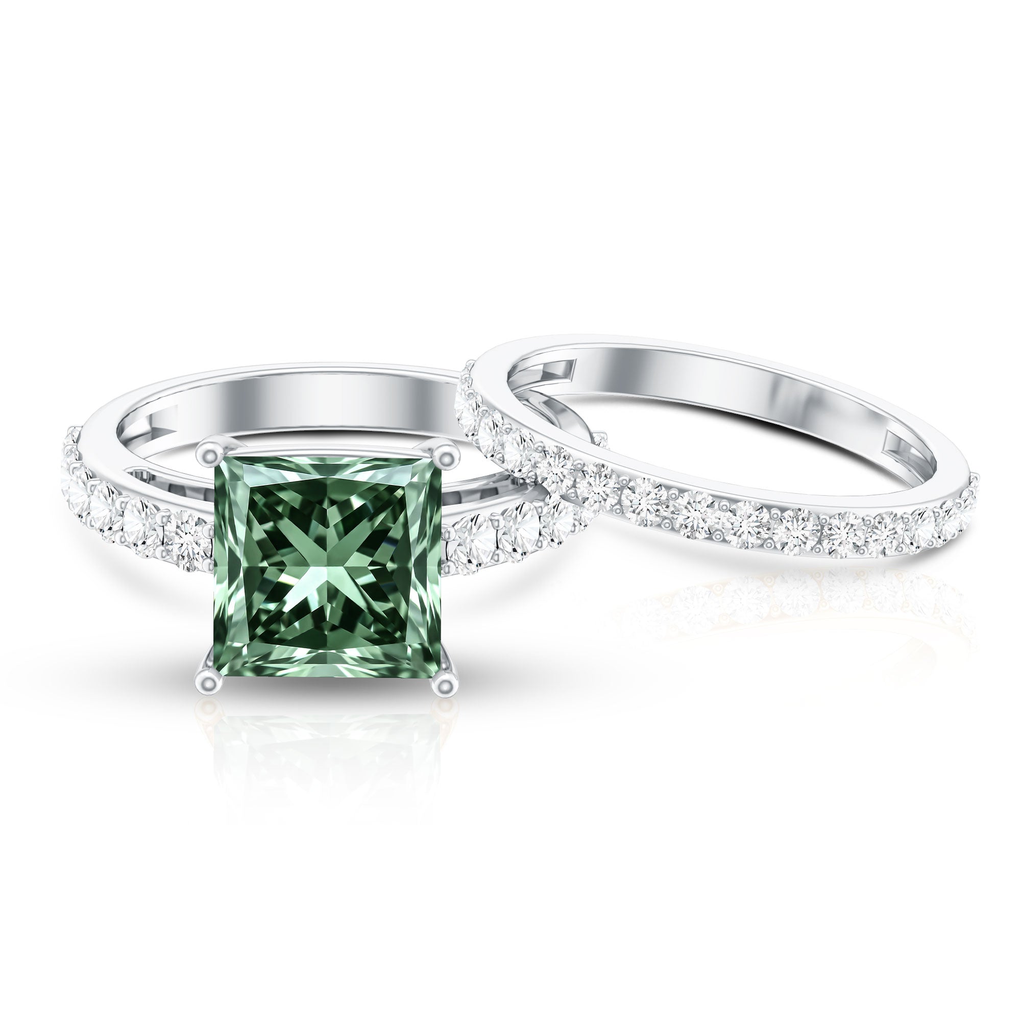 4 Carat Lab Grown Green Diamond Princess Cut Bridal Ring Set with IGI Certificate Vivid Green - VS1 - Rosec Jewels