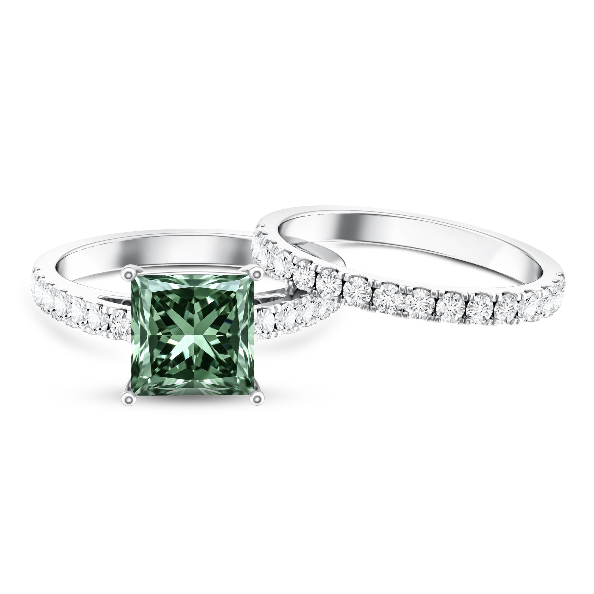 5 Carat Lab Grown Green and White Diamond Princess Cut Wedding Ring Set with IGI Certificate Vivid Green - VS1 - Rosec Jewels