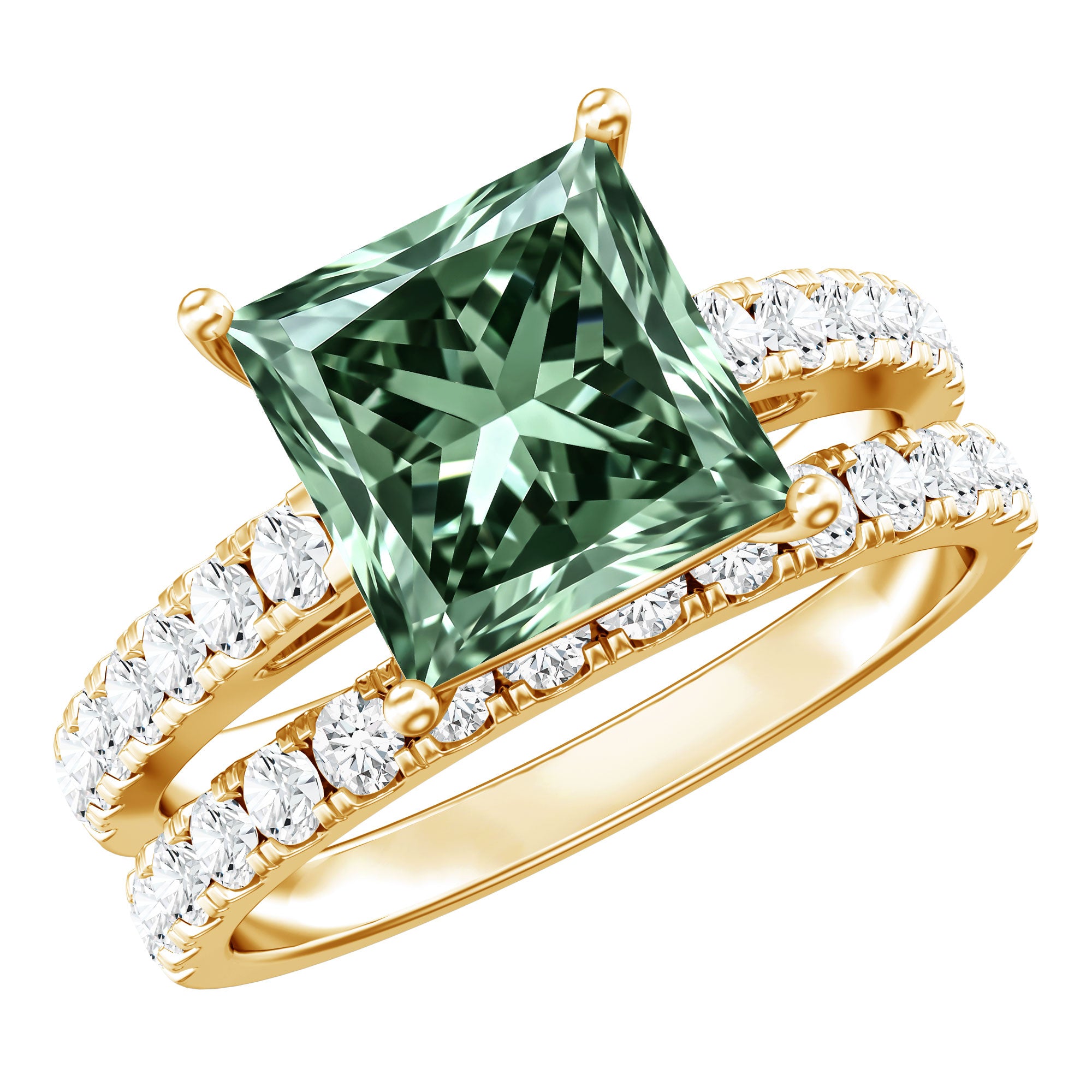 5 Carat Lab Grown Green and White Diamond Princess Cut Wedding Ring Set with IGI Certificate Vivid Green - VS1 - Rosec Jewels