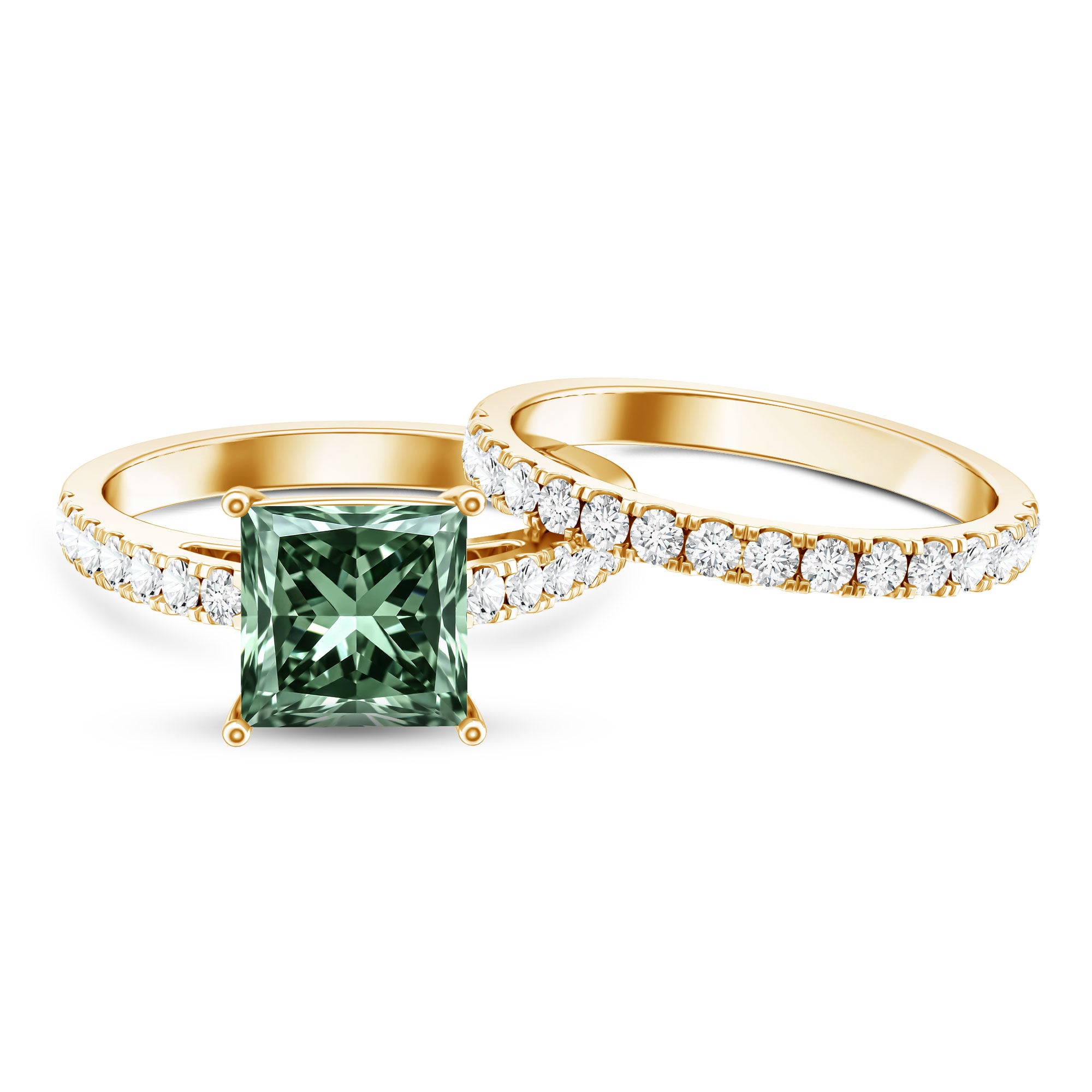5 Carat Lab Grown Green and White Diamond Princess Cut Wedding Ring Set with IGI Certificate Vivid Green - VS1 - Rosec Jewels