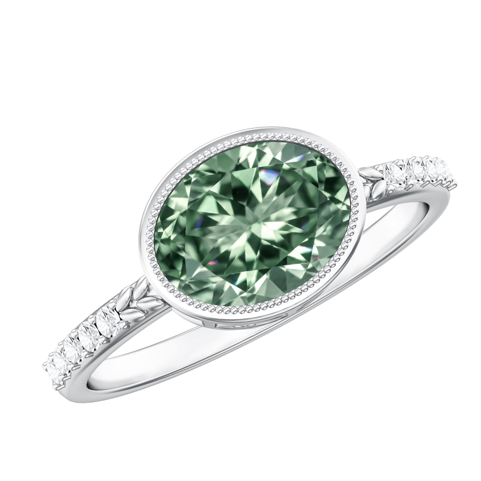2 Carat Lab Grown Green Diamond East West Oval Engagement Ring with IGI Certificate Vivid Green - VS1 - Rosec Jewels