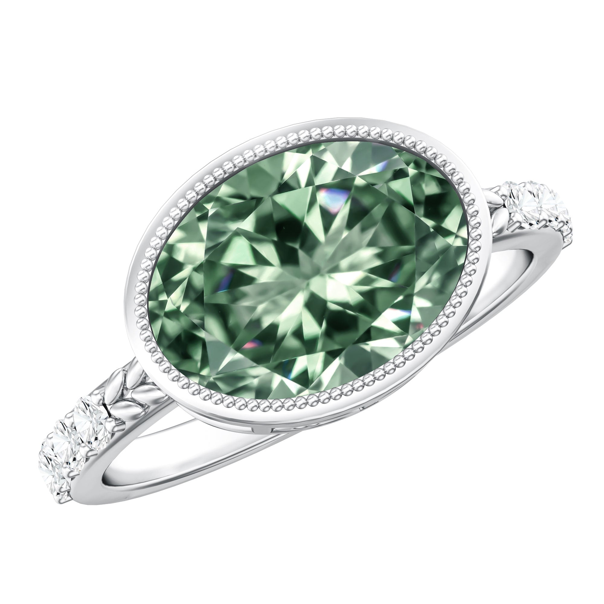 3 Carat East West Set Lab Grown Green Diamond Oval Engagement Ring IGI Certified Vivid Green - VS1 - Rosec Jewels