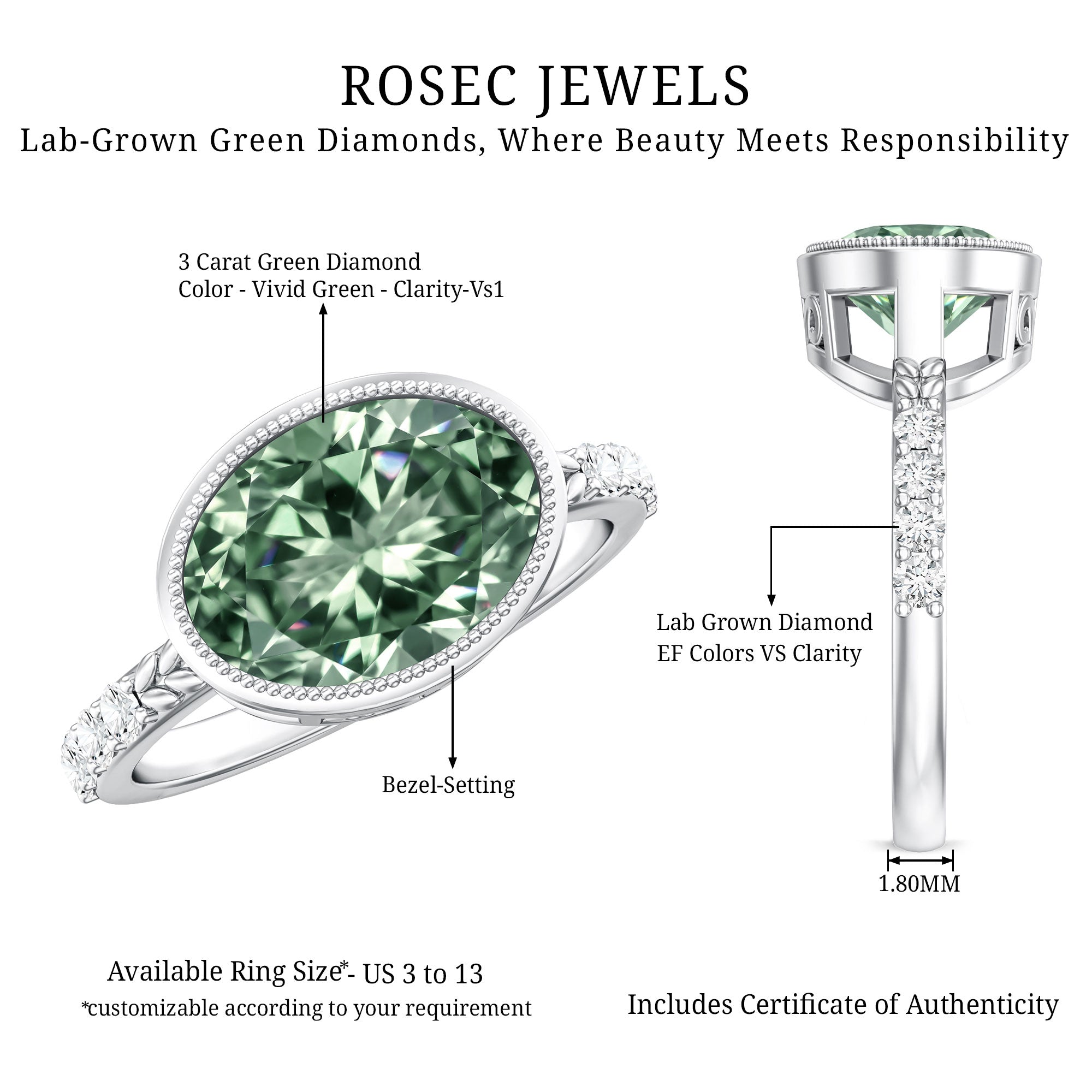 3 Carat East West Set Lab Grown Green Diamond Oval Engagement Ring IGI Certified Vivid Green - VS1 - Rosec Jewels