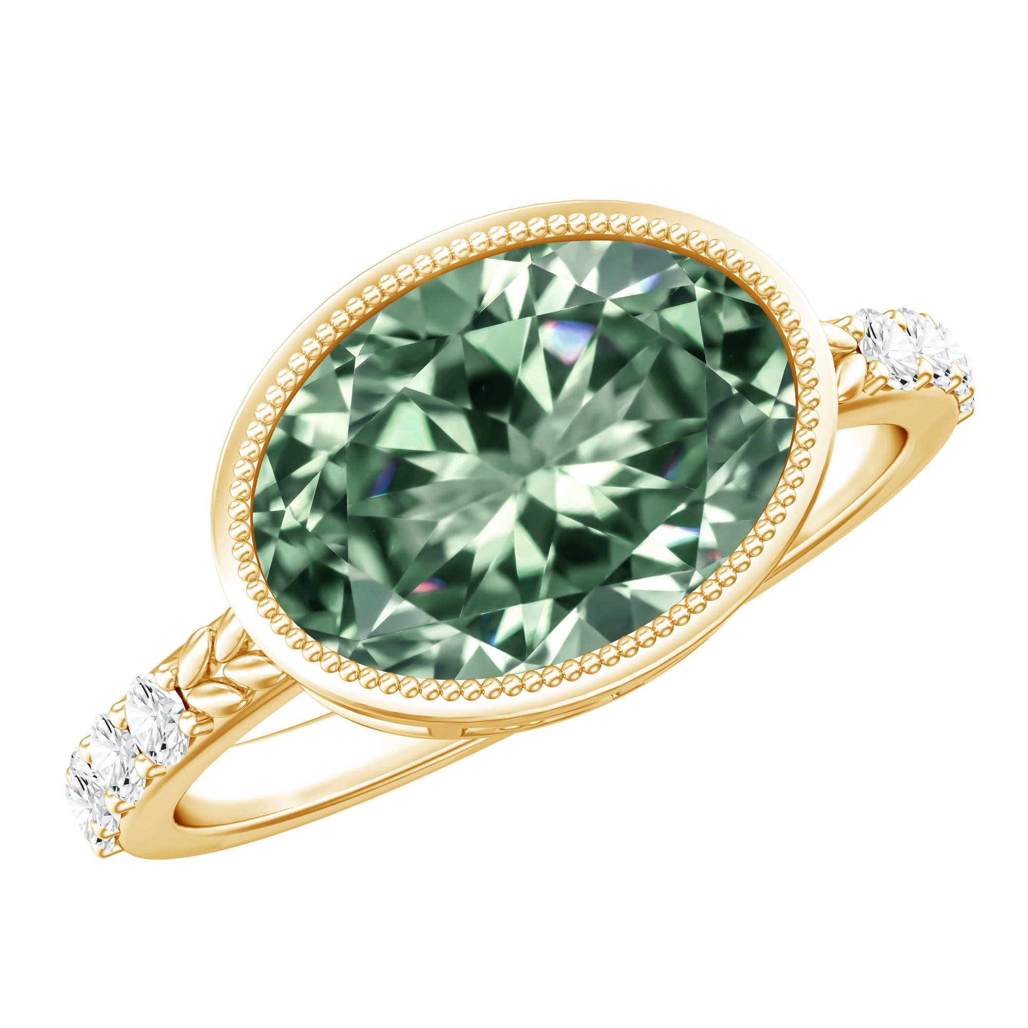 3 Carat East West Set Lab Grown Green Diamond Oval Engagement Ring IGI Certified Vivid Green - VS1 - Rosec Jewels