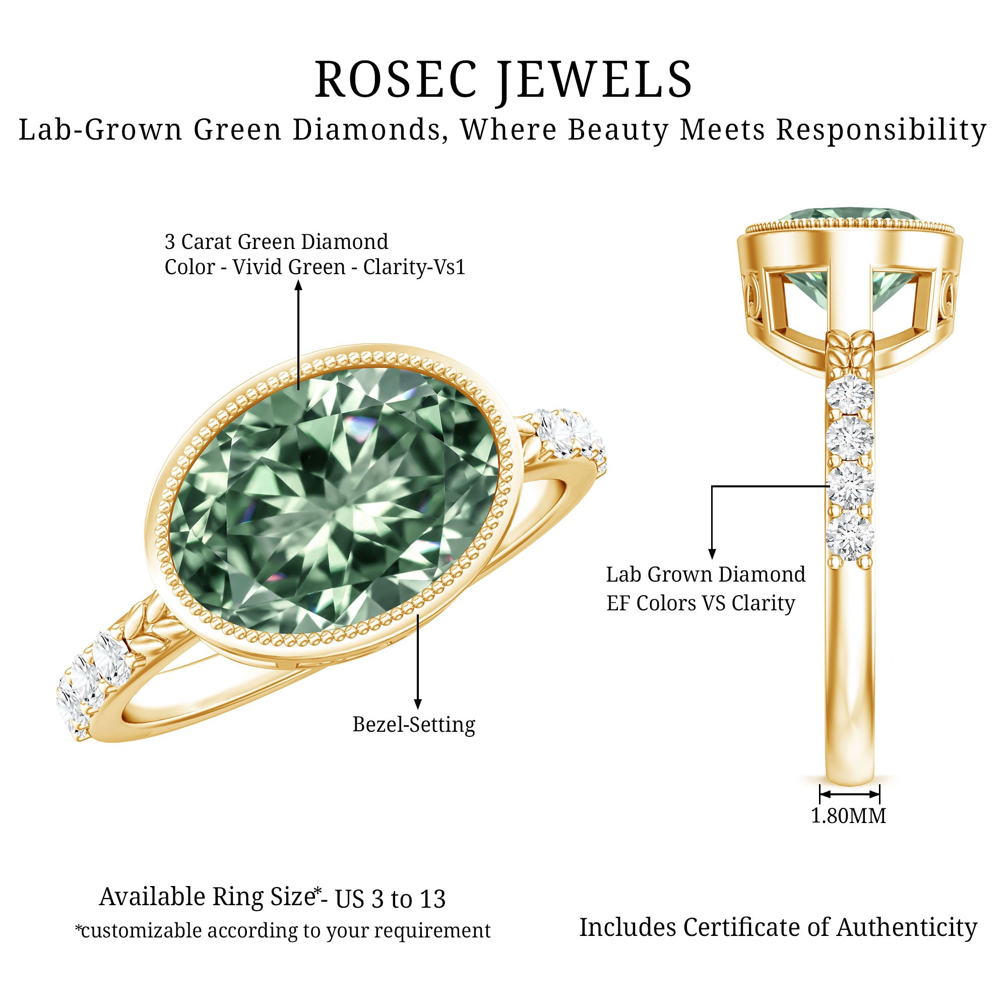 3 Carat East West Set Lab Grown Green Diamond Oval Engagement Ring IGI Certified Vivid Green - VS1 - Rosec Jewels