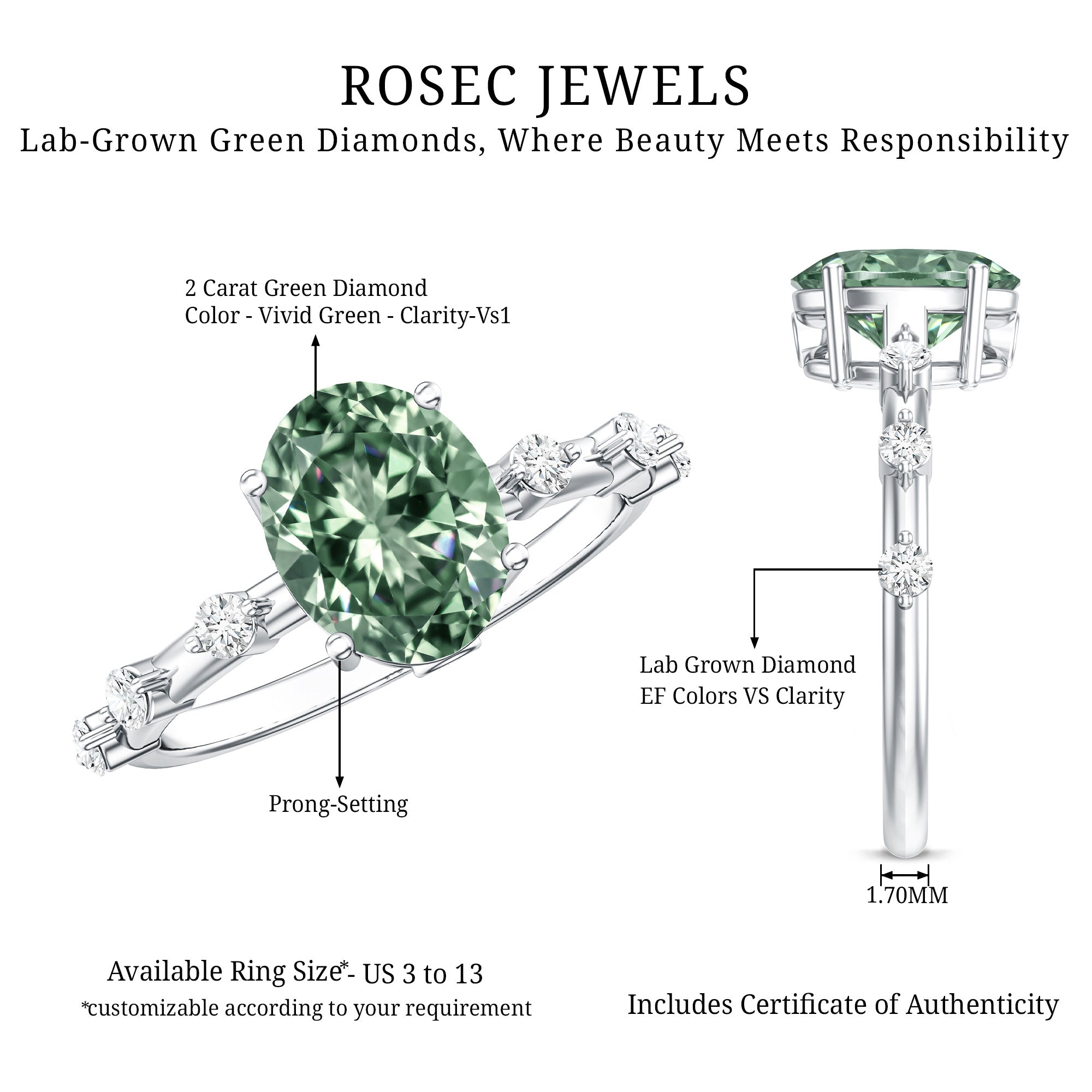 2 Carat Oval Lab Grown Green Diamond Solitaire Engagement Ring with IGI Certificate Vivid Green - VS1 - Rosec Jewels