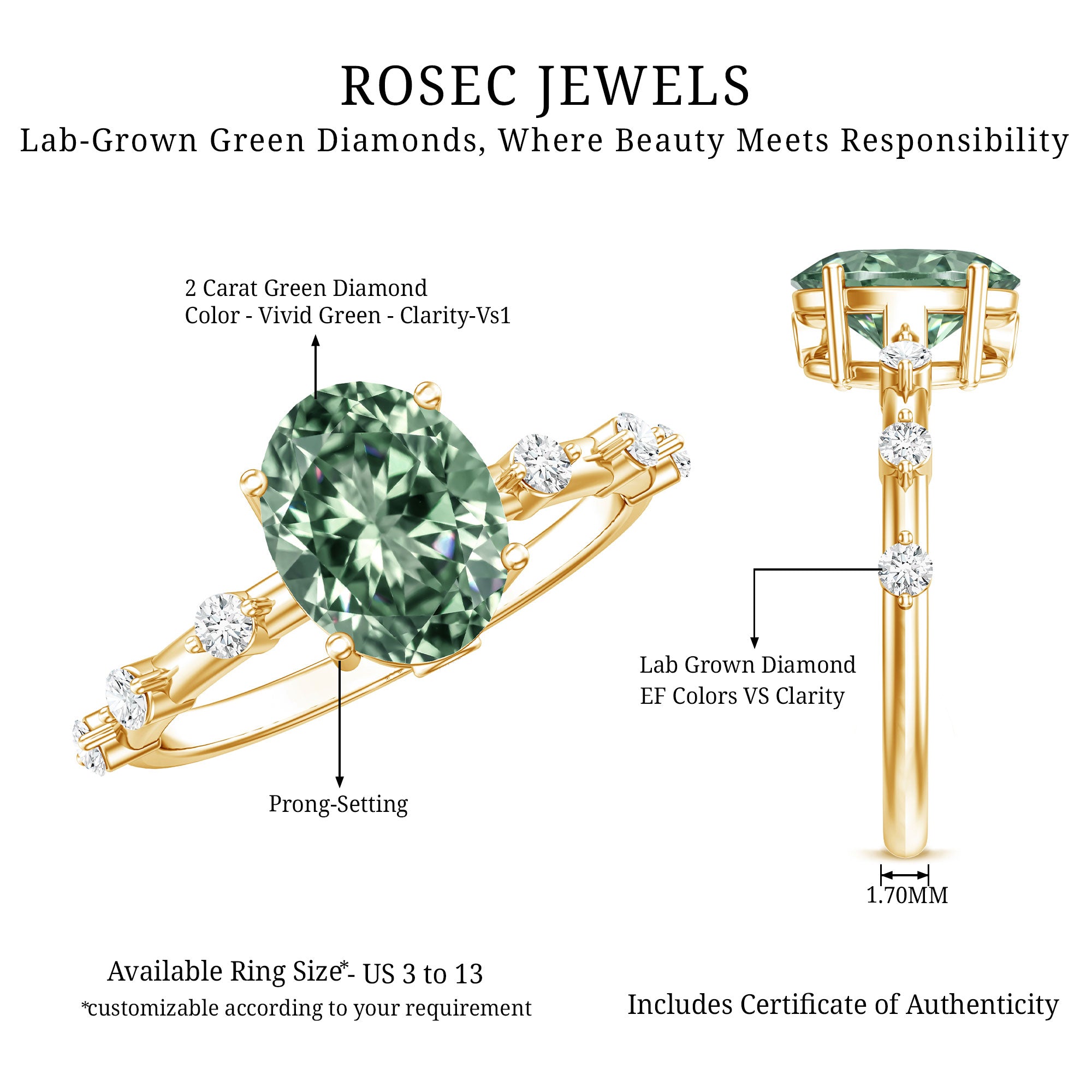 2 Carat Oval Lab Grown Green Diamond Solitaire Engagement Ring with IGI Certificate Vivid Green - VS1 - Rosec Jewels