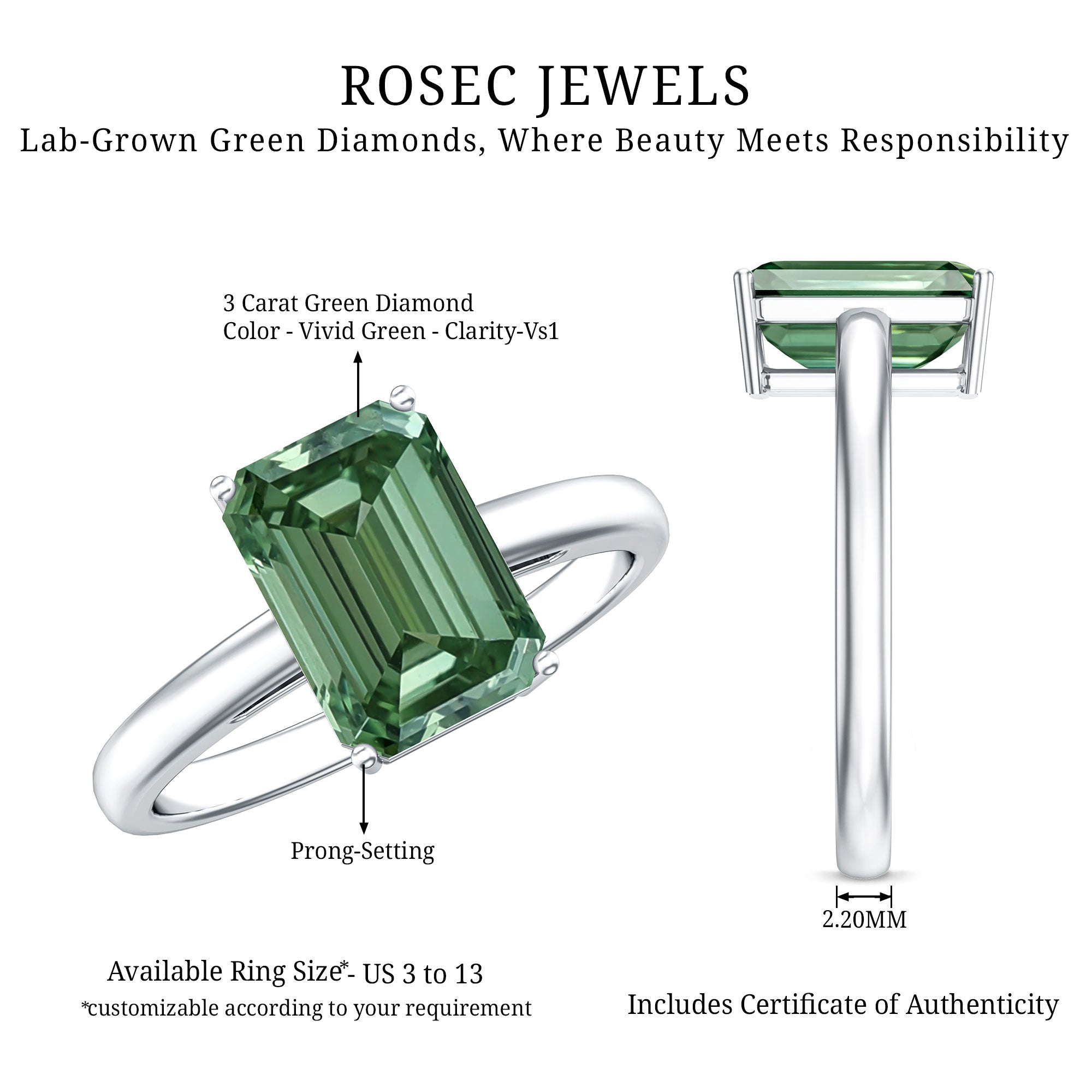 Solitaire Lab Grown Green Diamond 3 Carat Emerald Cut Engagement Ring IGI Certified Vivid Green - VS1 - Rosec Jewels