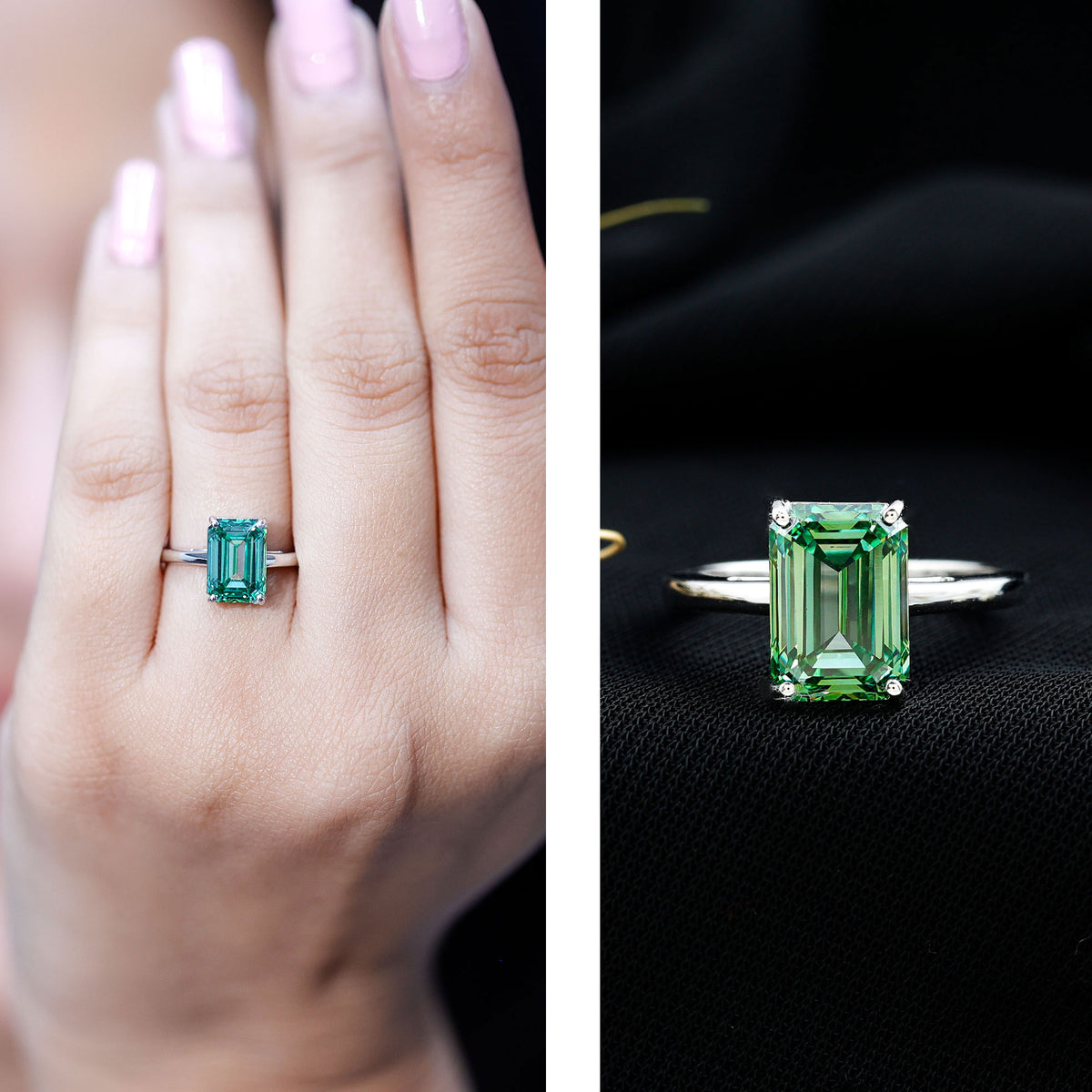 Solitaire Lab Grown Green Diamond 3 Carat Emerald Cut Engagement Ring IGI Certified Vivid Green - VS1 - Rosec Jewels