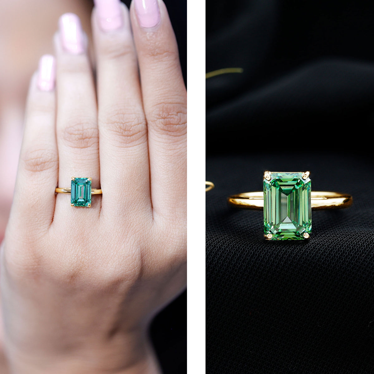 Solitaire Lab Grown Green Diamond 3 Carat Emerald Cut Engagement Ring IGI Certified Vivid Green - VS1 - Rosec Jewels