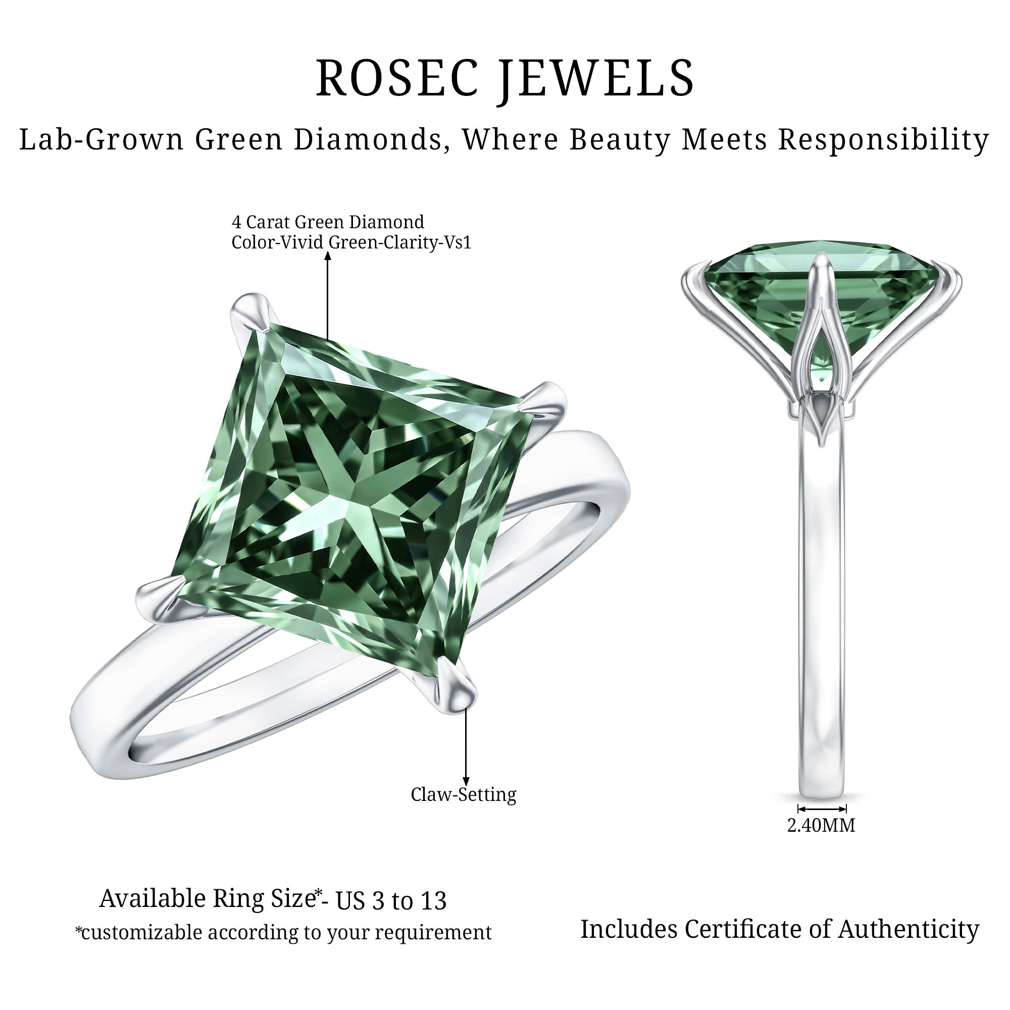 IGI Certified Princess Cut Lab Grown Green Diamond Big Engagement Ring 4 Carat Vivid Green - VS1 - Rosec Jewels