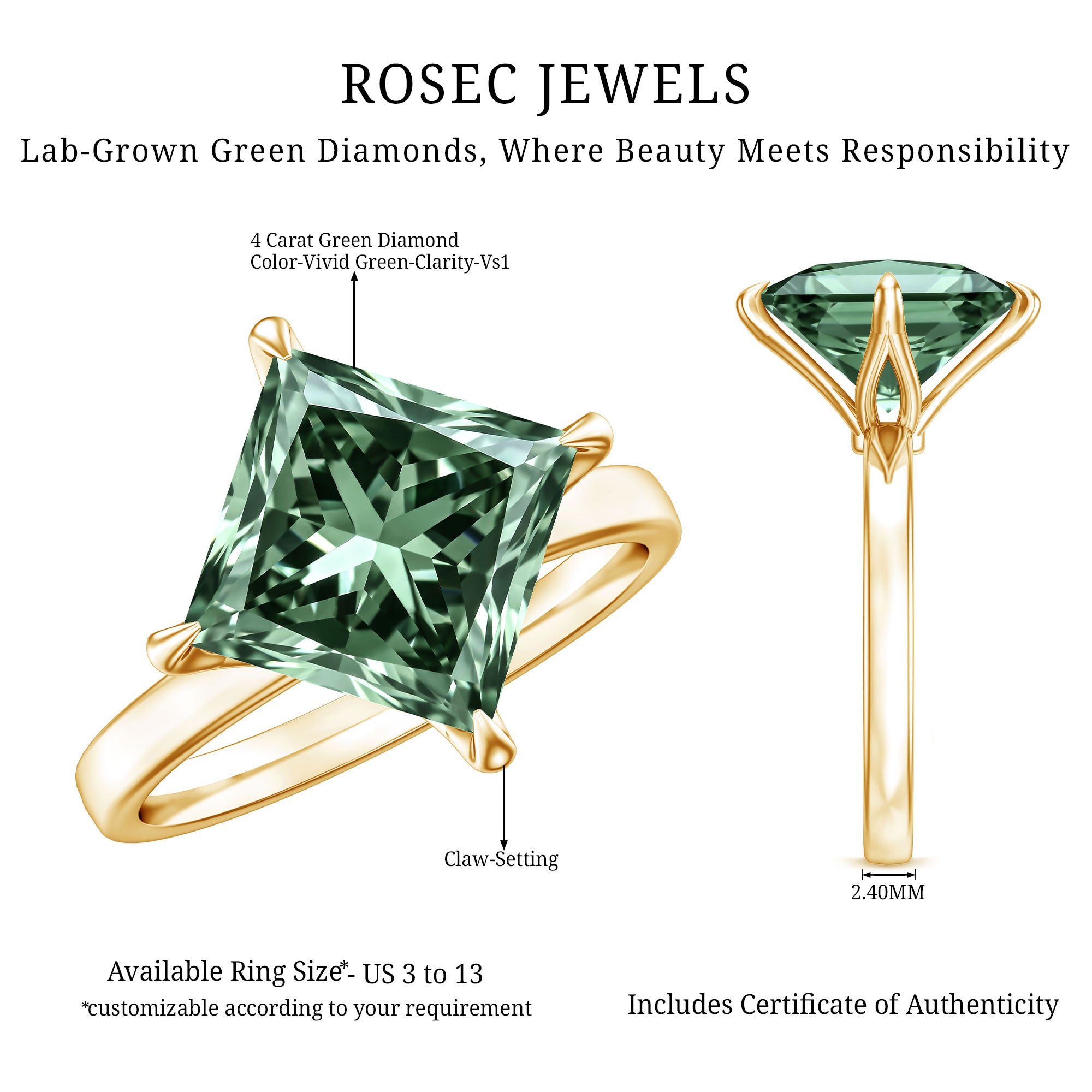 IGI Certified Princess Cut Lab Grown Green Diamond Big Engagement Ring 4 Carat Vivid Green - VS1 - Rosec Jewels