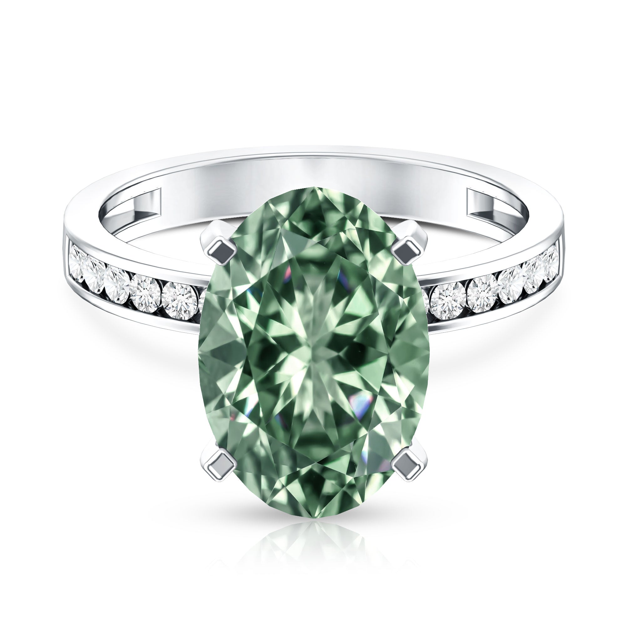 Elongated Oval Lab Grown Green Diamond 4 Carat Engagement Ring IGI Certified Vivid Green - VS1 - Rosec Jewels