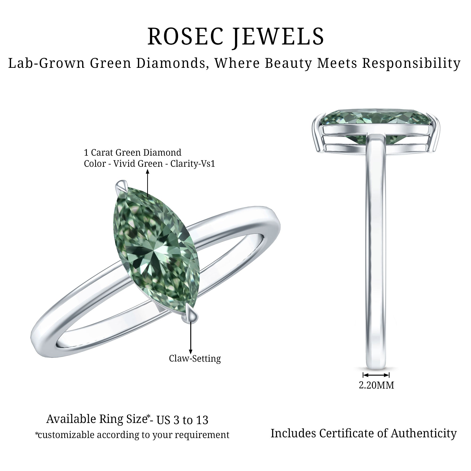 Lab Created 1 Carat Green Diamond Marquise Cut Solitaire Engagement Ring IGI Certified Vivid Green - VS1 - Rosec Jewels