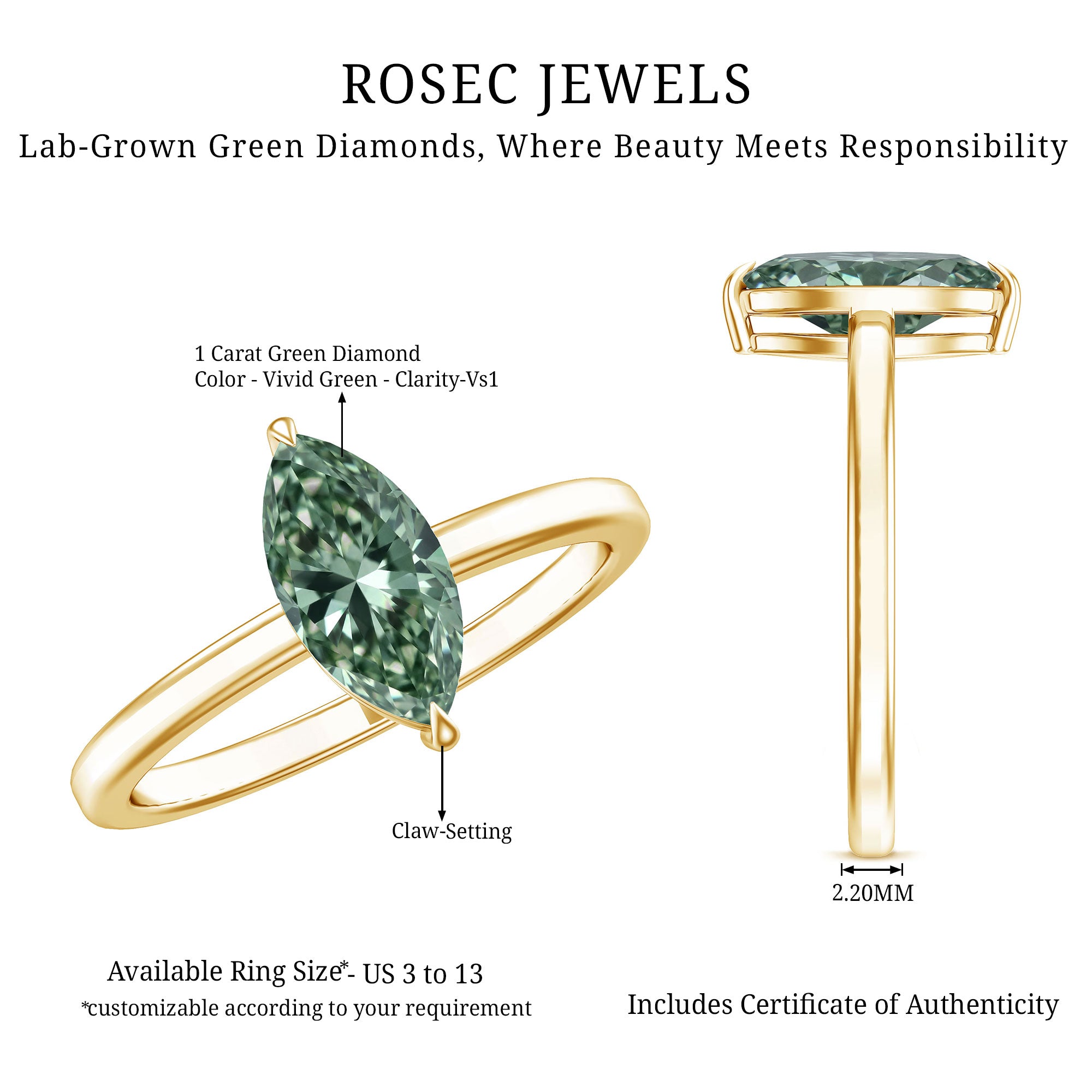 Lab Created 1 Carat Green Diamond Marquise Cut Solitaire Engagement Ring IGI Certified Vivid Green - VS1 - Rosec Jewels