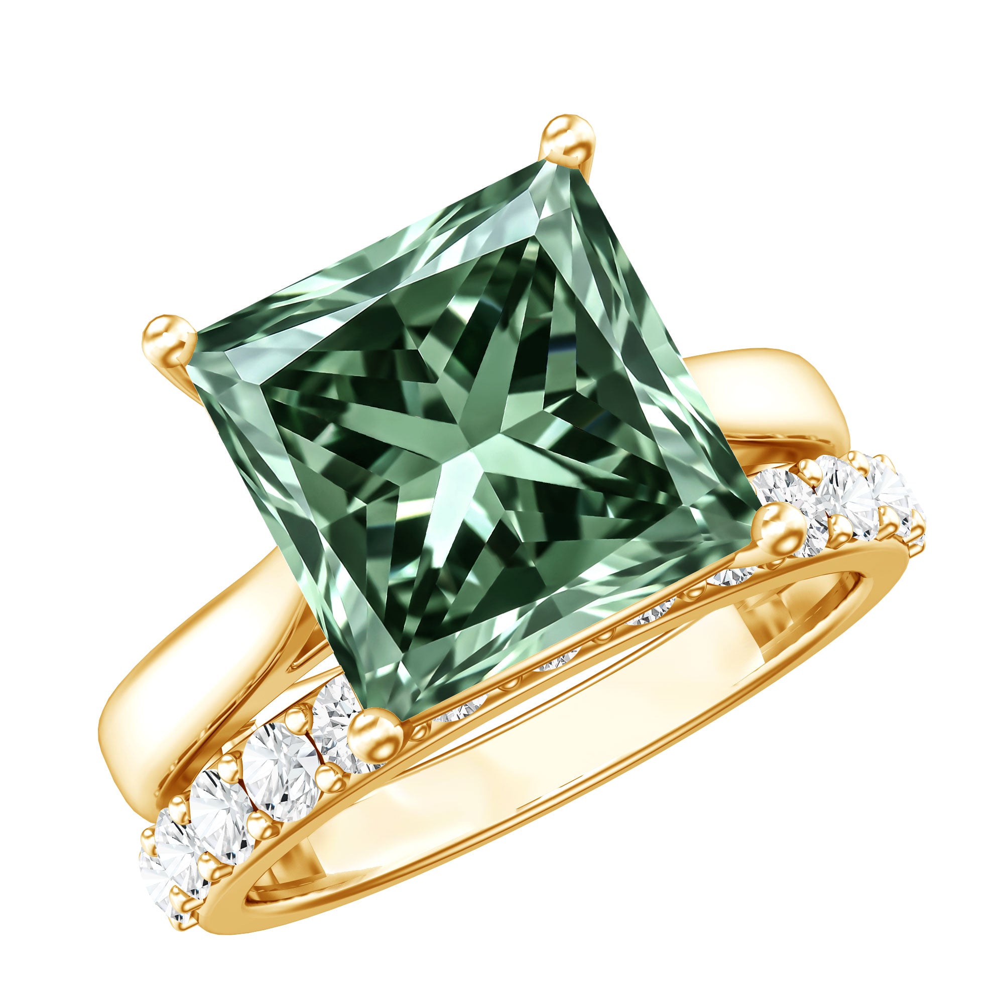 IGI Certified 4 Carat Lab Grown Green Diamond Princess Cut Wedding Bridal Ring Set of 2 Vivid Green - VS1 - Rosec Jewels
