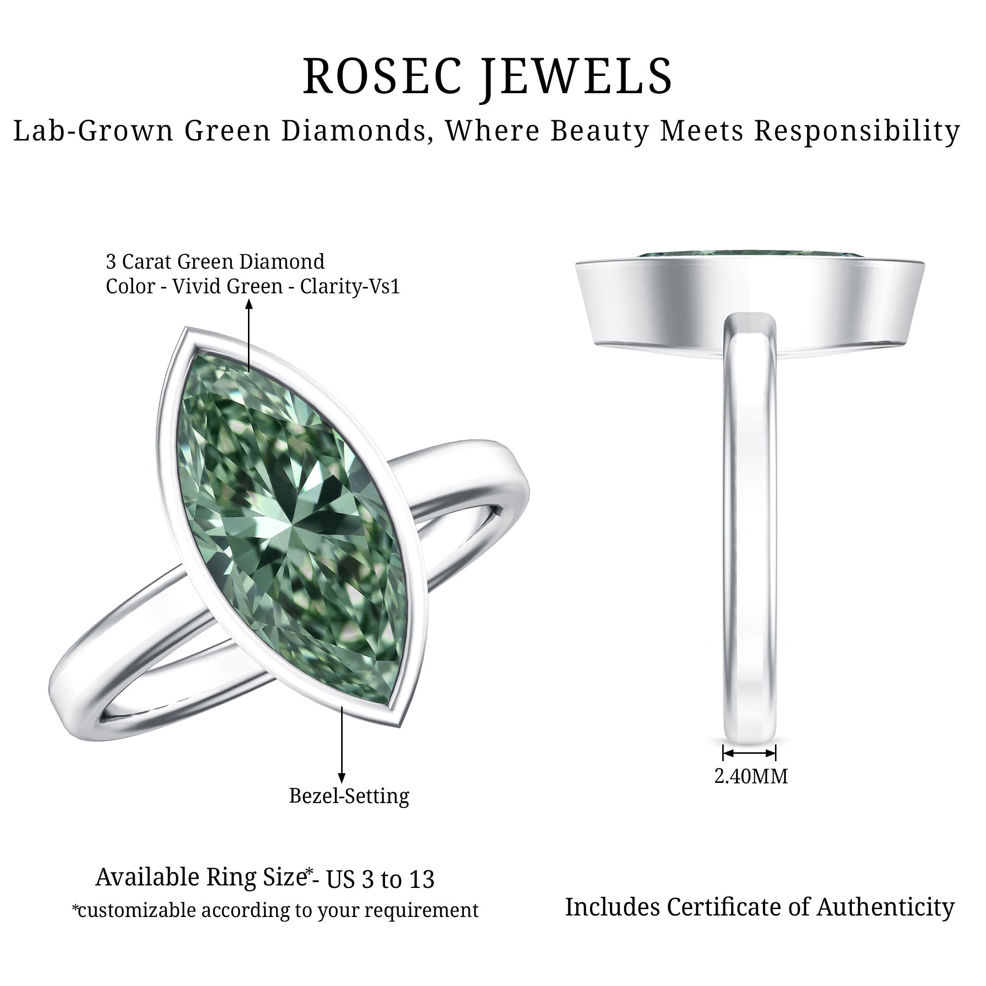 Bezel Set Lab Created Green Diamond Marquise Solitaire Engagement Ring 3 Carat IGI Certified Vivid Green - VS1 - Rosec Jewels