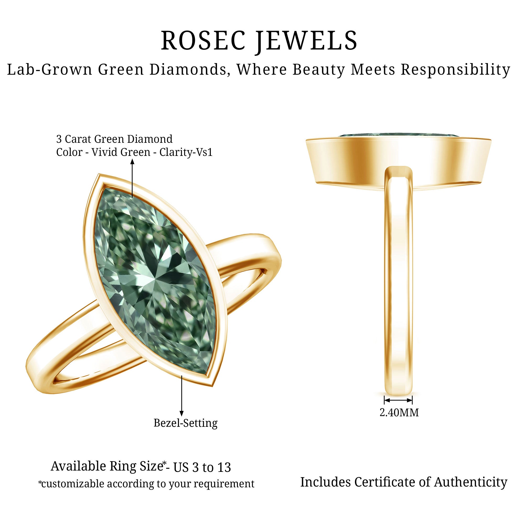 Bezel Set Lab Created Green Diamond Marquise Solitaire Engagement Ring 3 Carat IGI Certified Vivid Green - VS1 - Rosec Jewels