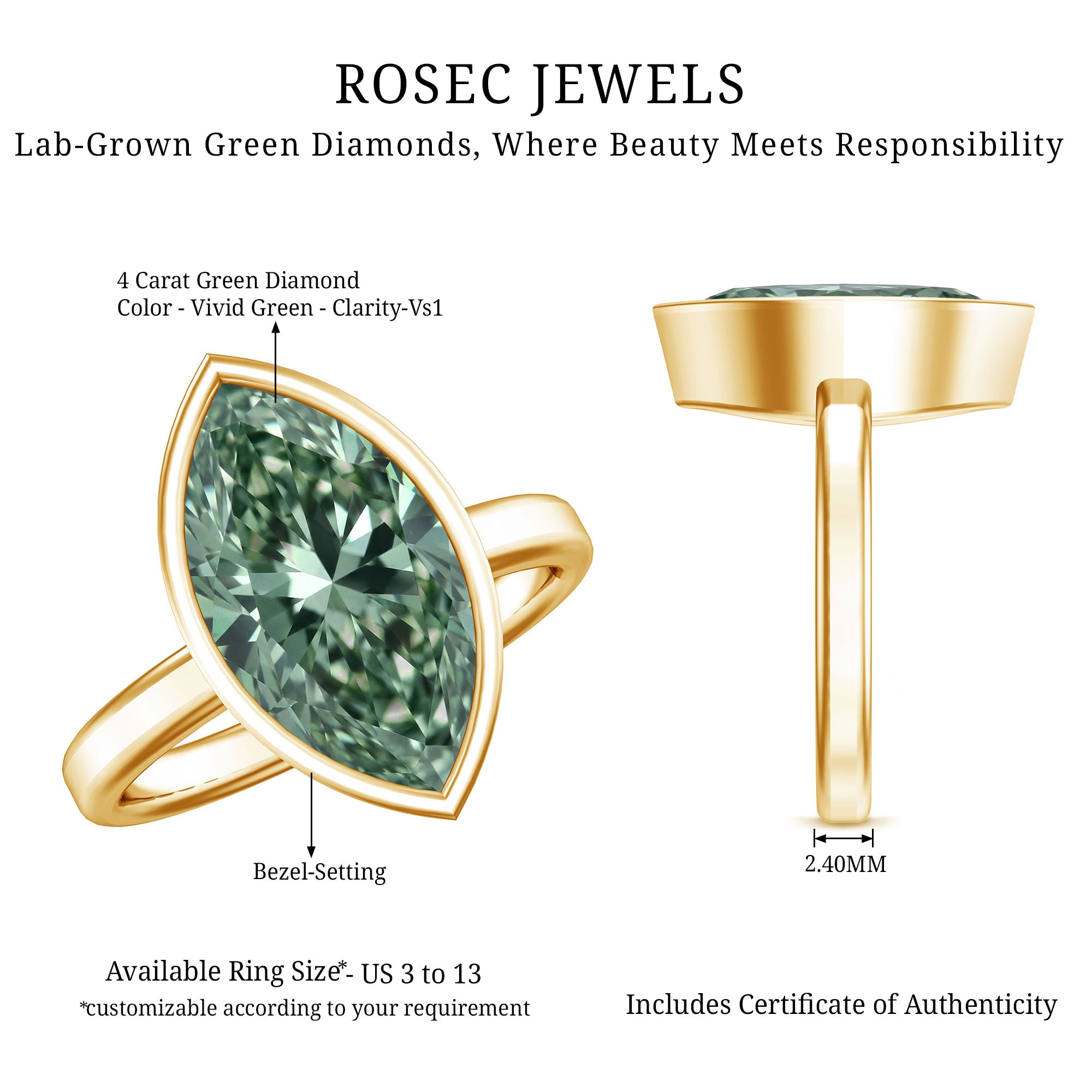 IGI Certified 4 Carat Lab Grown Green Diamond Marquise Cut Engagement Ring in Bezel Setting Vivid Green - VS1 - Rosec Jewels