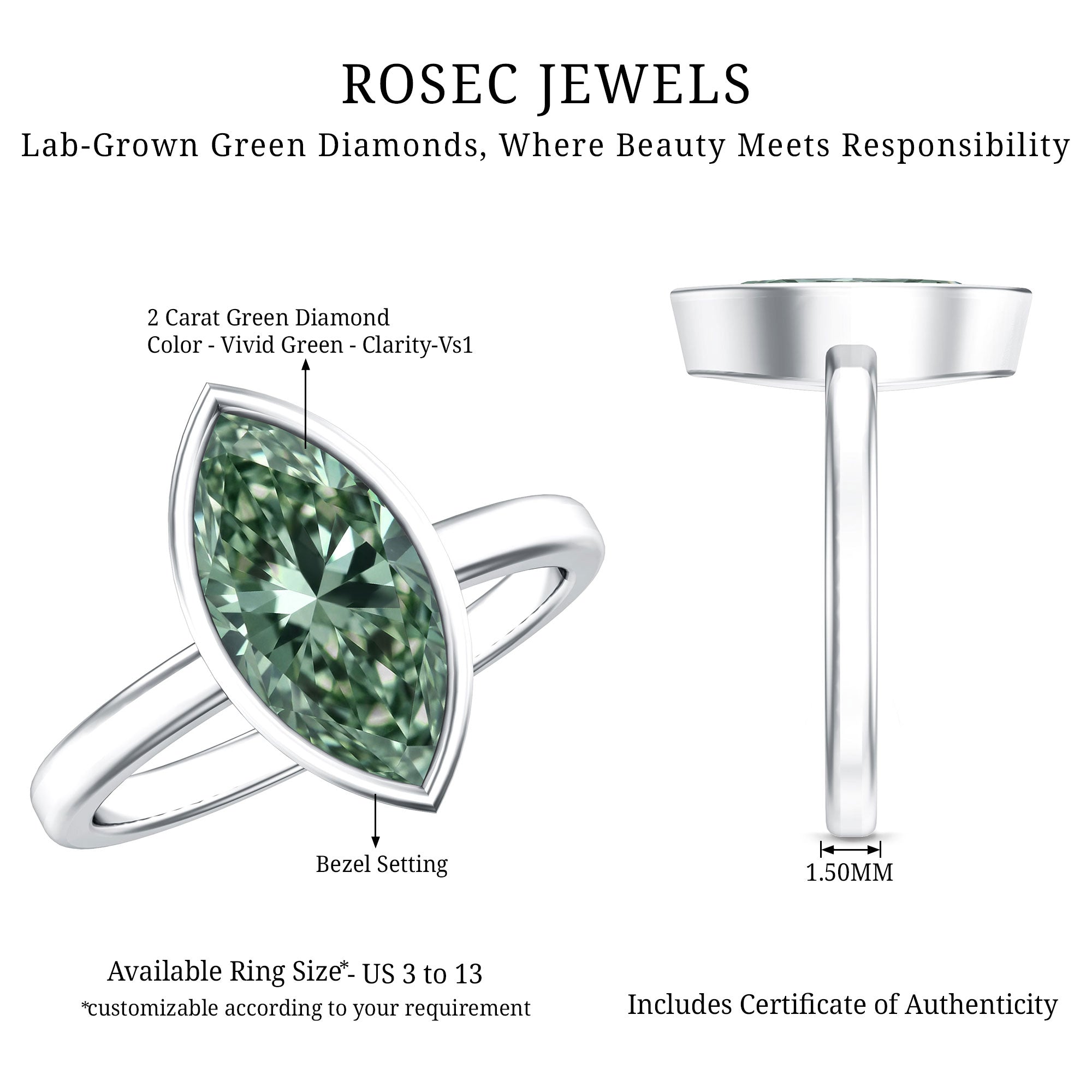 2 Carat Marquise Cut Engagement Ring with IGI Certified Lab Grown Green Diamond Vivid Green - VS1 - Rosec Jewels