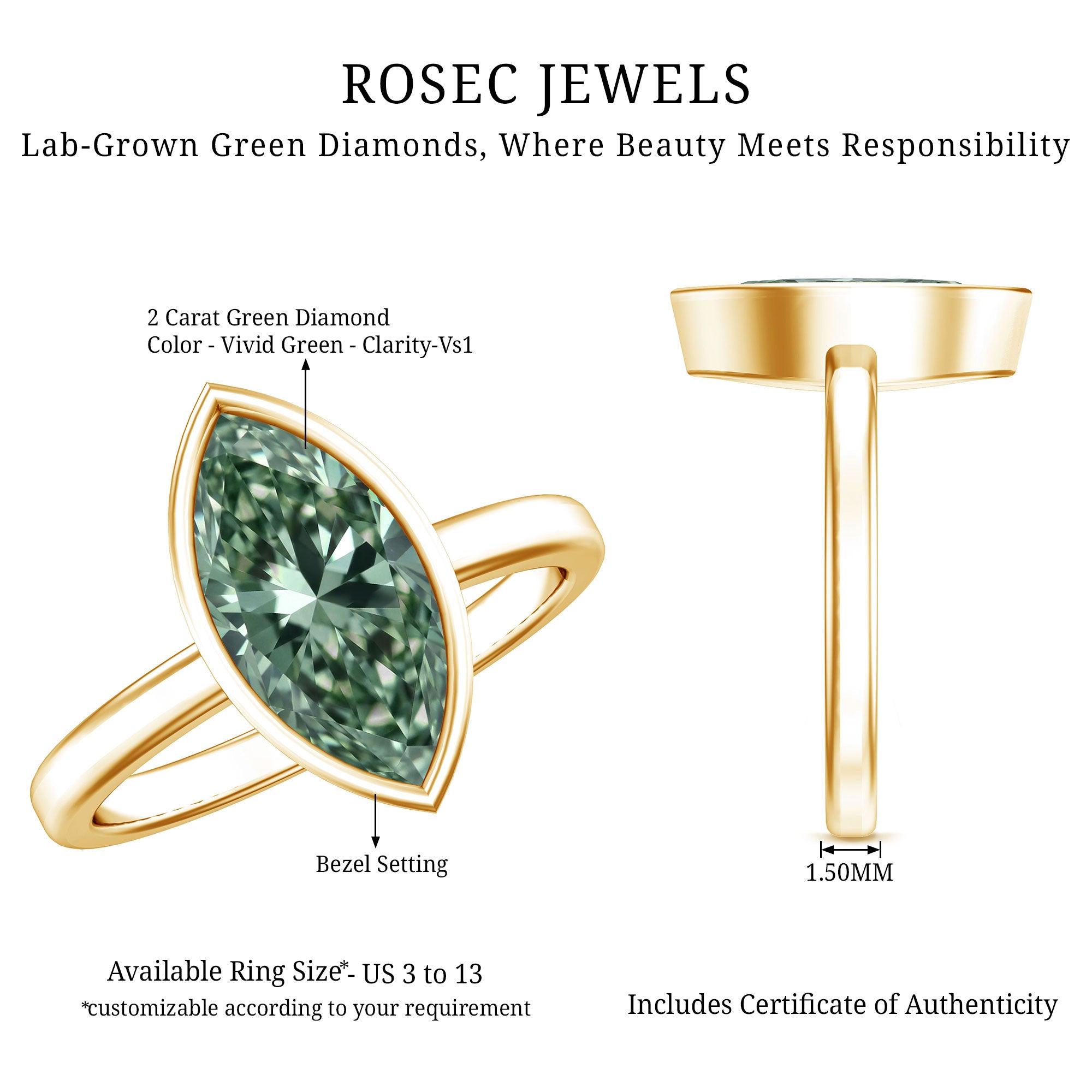 2 Carat Marquise Cut Engagement Ring with IGI Certified Lab Grown Green Diamond Vivid Green - VS1 - Rosec Jewels