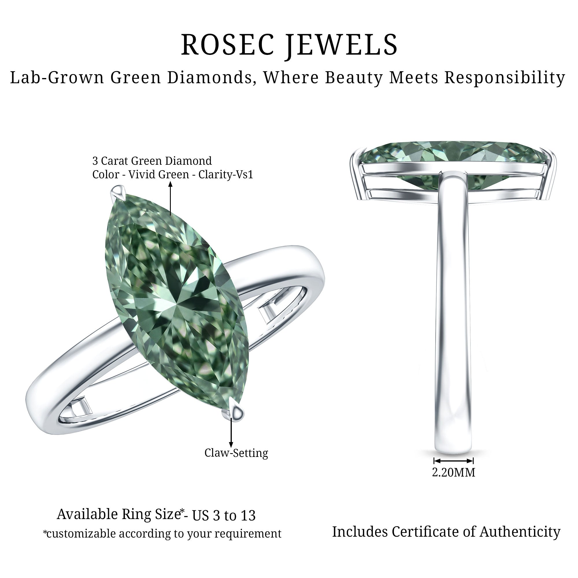 3 Carat Marquise Cut Lab Grown Green Diamond Solitaire Engagement Ring IGI Certified Vivid Green - VS1 - Rosec Jewels