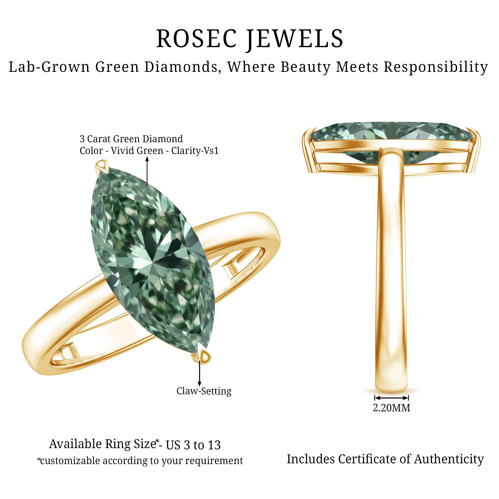 3 Carat Marquise Cut Lab Grown Green Diamond Solitaire Engagement Ring IGI Certified Vivid Green - VS1 - Rosec Jewels