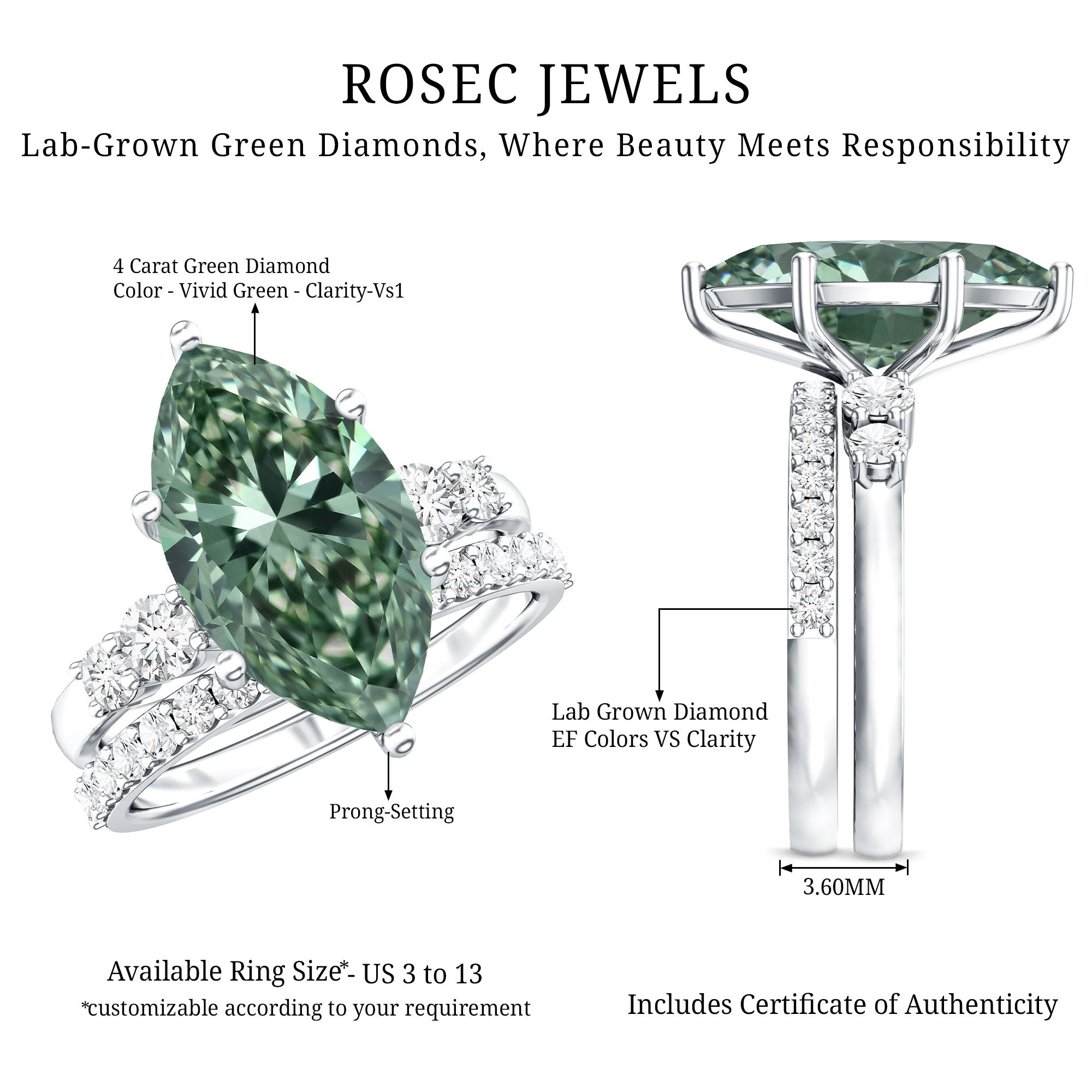 Rosec Jewels-Lab Grown 4 Carat Green Diamond Solitaire Wedding Ring Set with IGI Certified