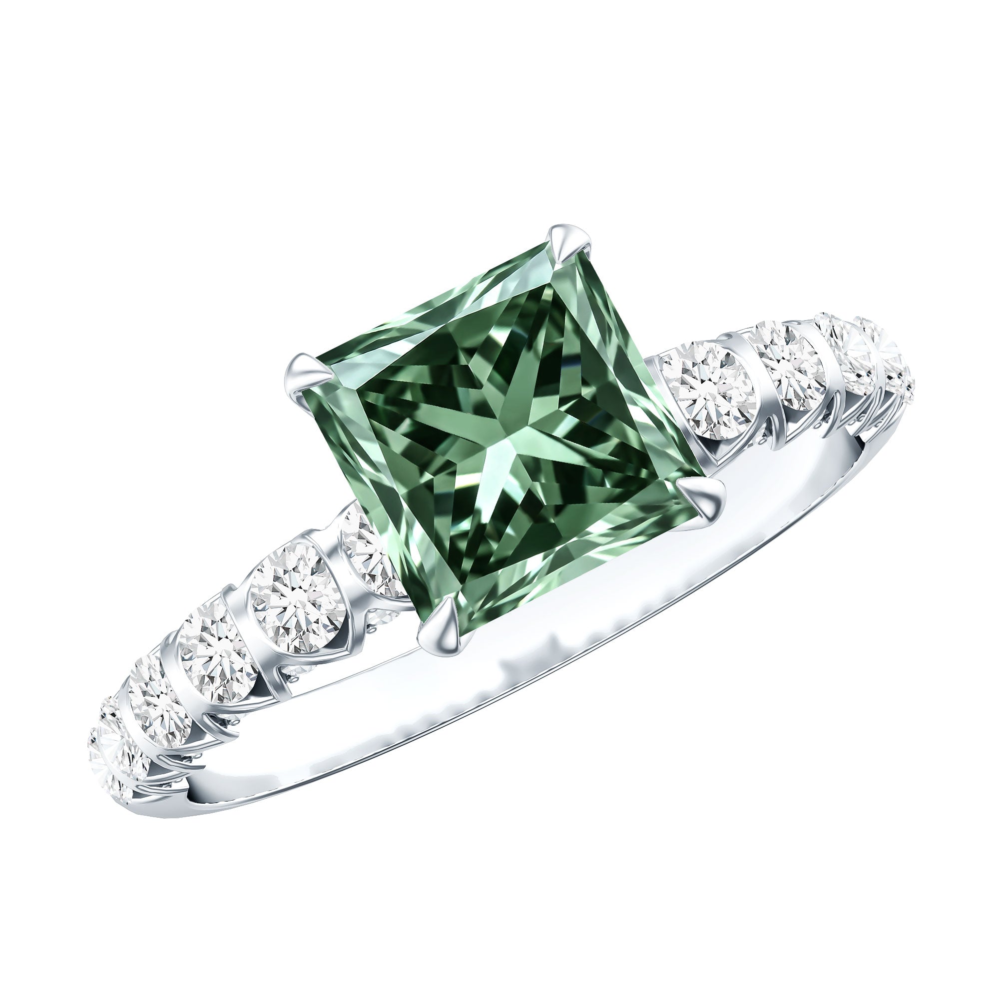 2 Carat Princess Cut Lab Grown Green Diamond Side Stone Engagement Ring with IGI Certificate Vivid Green - VS1 - Rosec Jewels