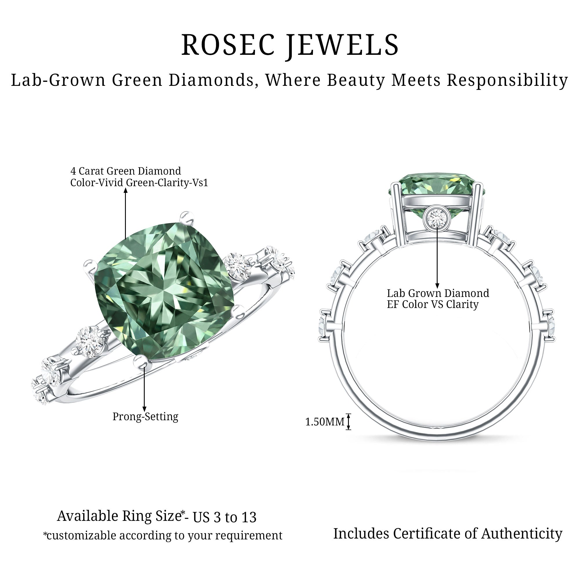 IGI Certified 4 Carat Cushion Cut Lab Grown Green Diamond Solitaire Engagement Ring Vivid Green - VS1 - Rosec Jewels