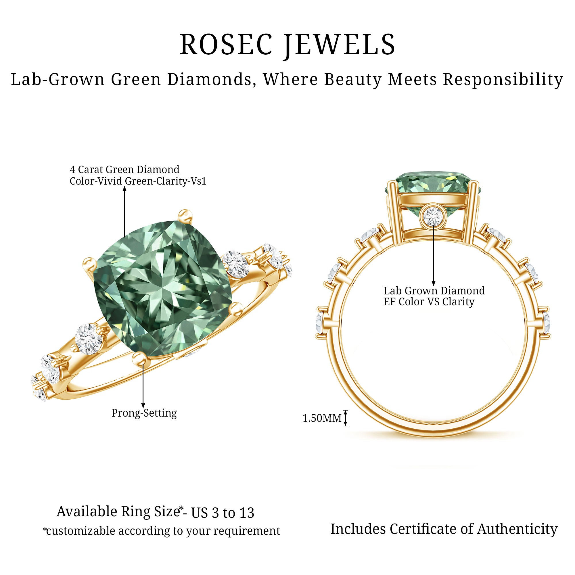 IGI Certified 4 Carat Cushion Cut Lab Grown Green Diamond Solitaire Engagement Ring Vivid Green - VS1 - Rosec Jewels
