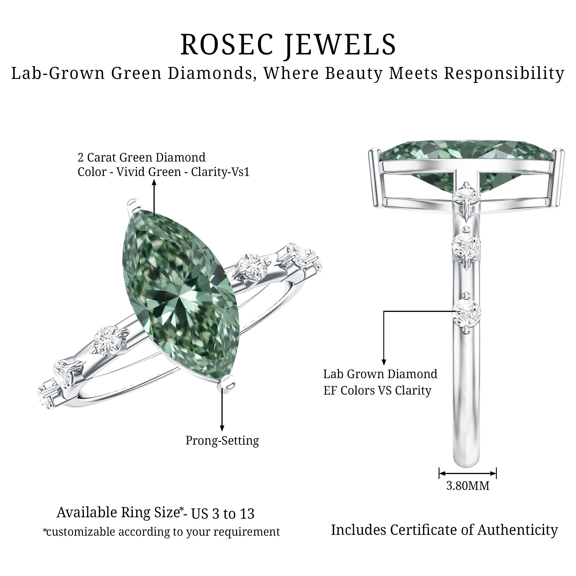 Marquise Cut 2 Carat Lab Grown Green Diamond Solitaire Engagement Ring IGI Certified Vivid Green - VS1 - Rosec Jewels