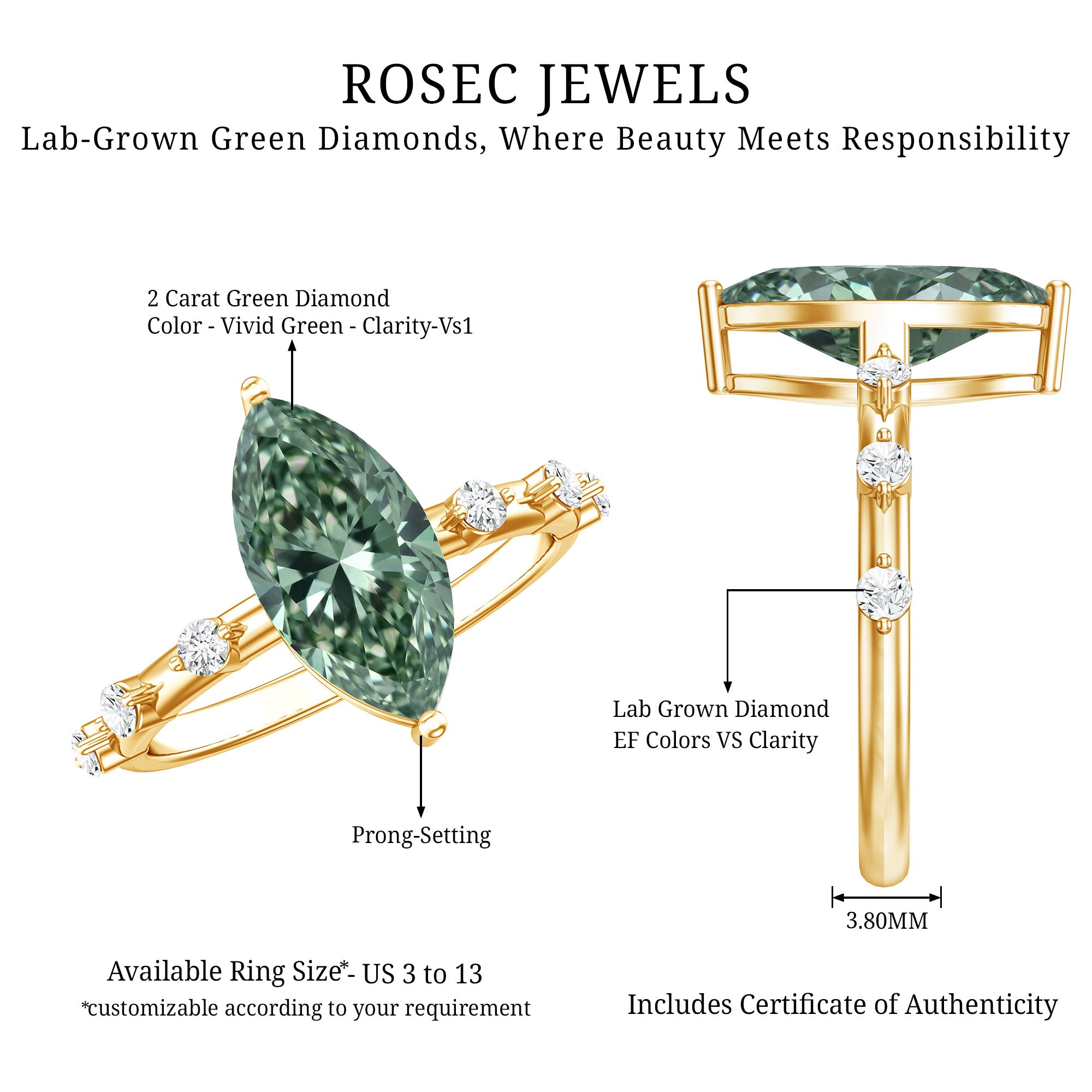 Marquise Cut 2 Carat Lab Grown Green Diamond Solitaire Engagement Ring IGI Certified Vivid Green - VS1 - Rosec Jewels