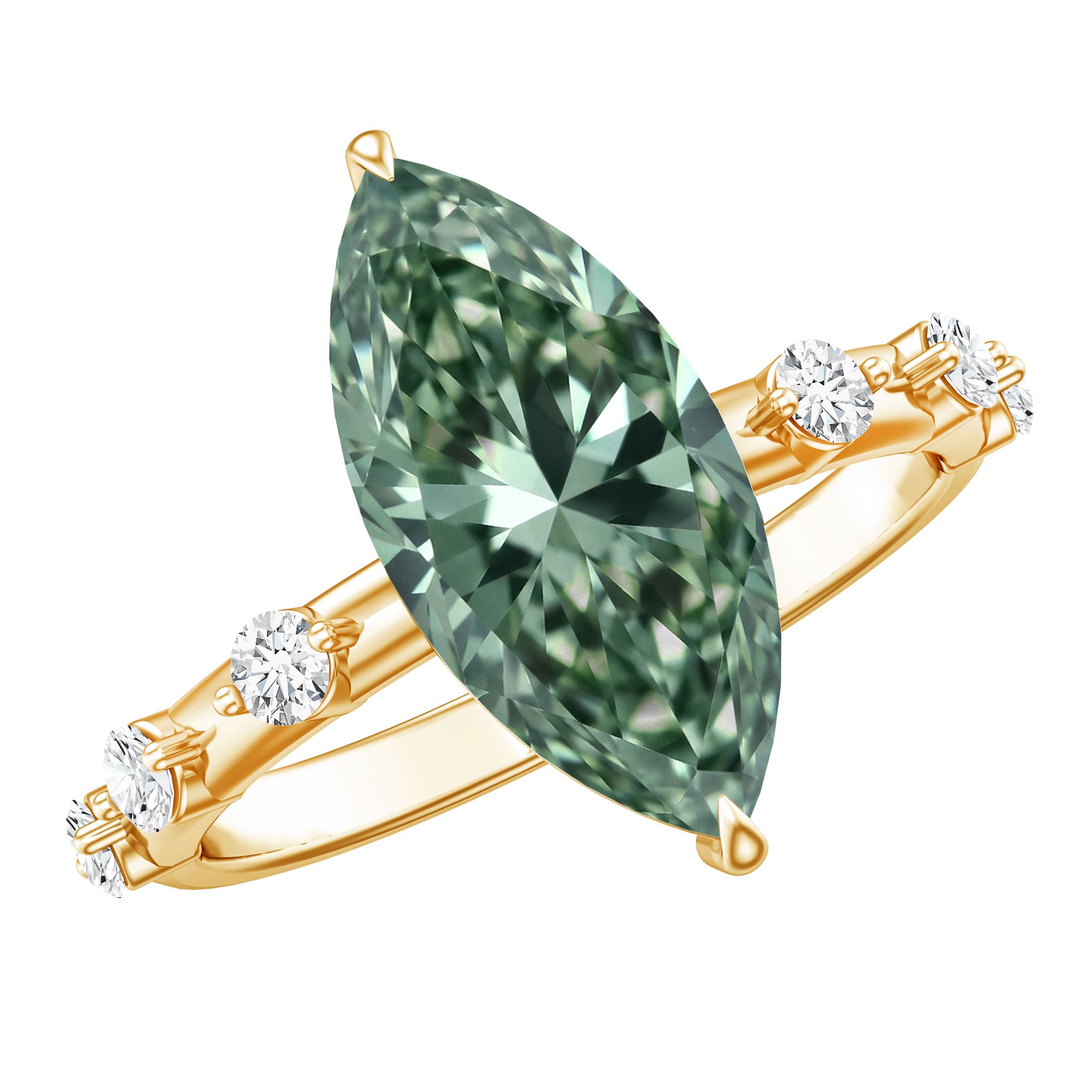 IGI Certified 3 Carat Marquise Lab Grown Green Diamond Engagement Ring with Spaced Accent Vivid Green - VS1 - Rosec Jewels
