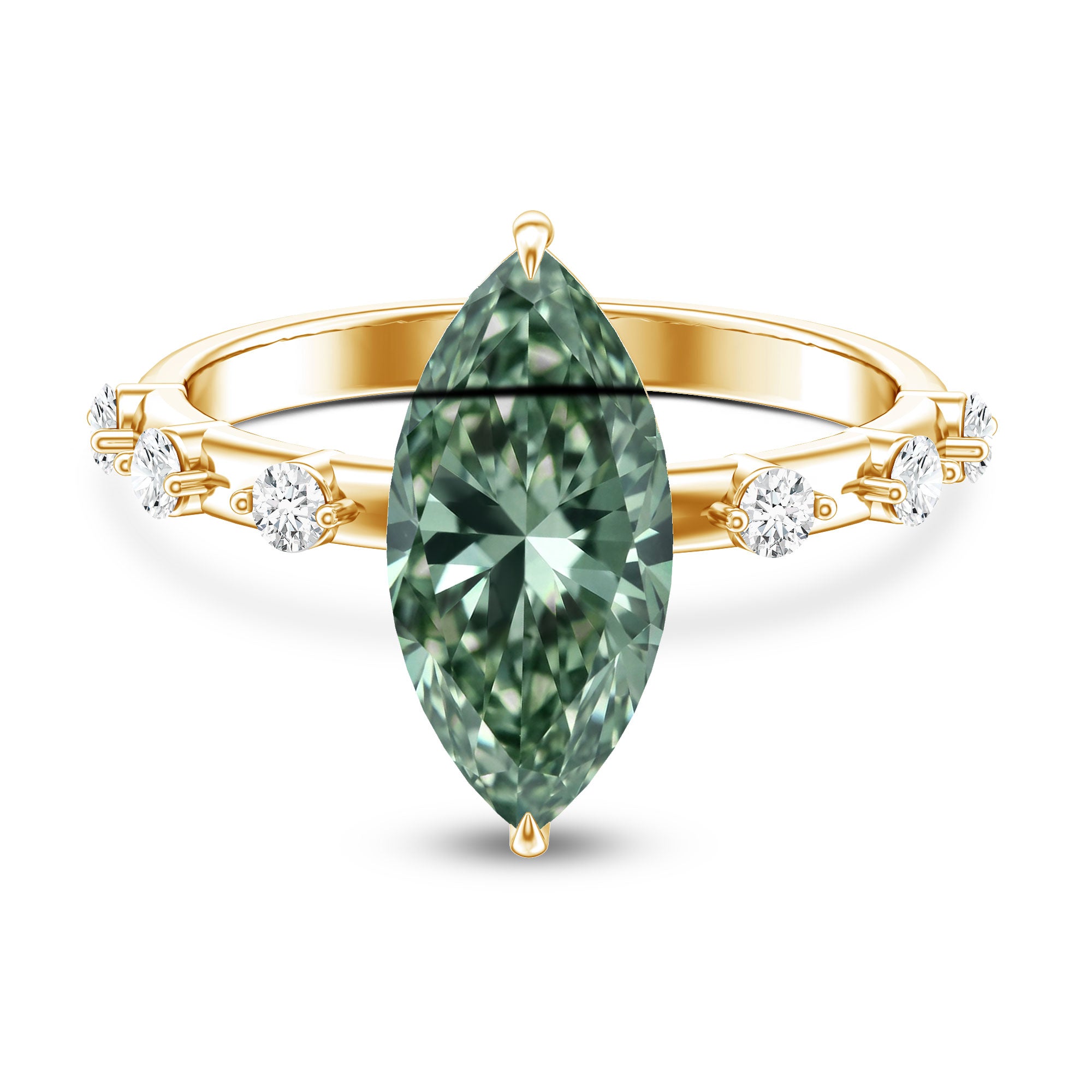 IGI Certified 3 Carat Marquise Lab Grown Green Diamond Engagement Ring with Spaced Accent Vivid Green - VS1 - Rosec Jewels