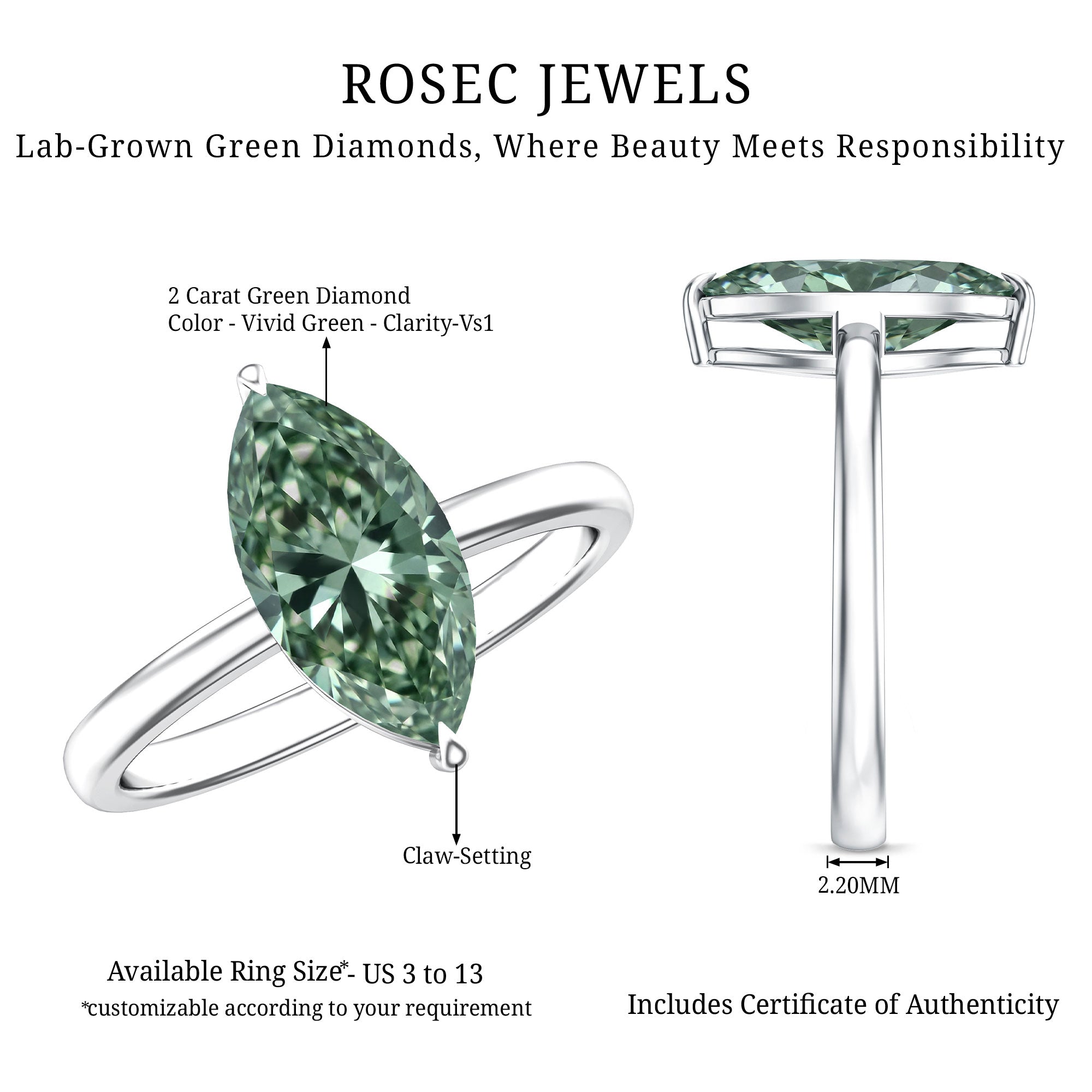 IGI Certified 2 Carat Lab Green Diamond Marquise Engagement Ring for Women Vivid Green - VS1 - Rosec Jewels