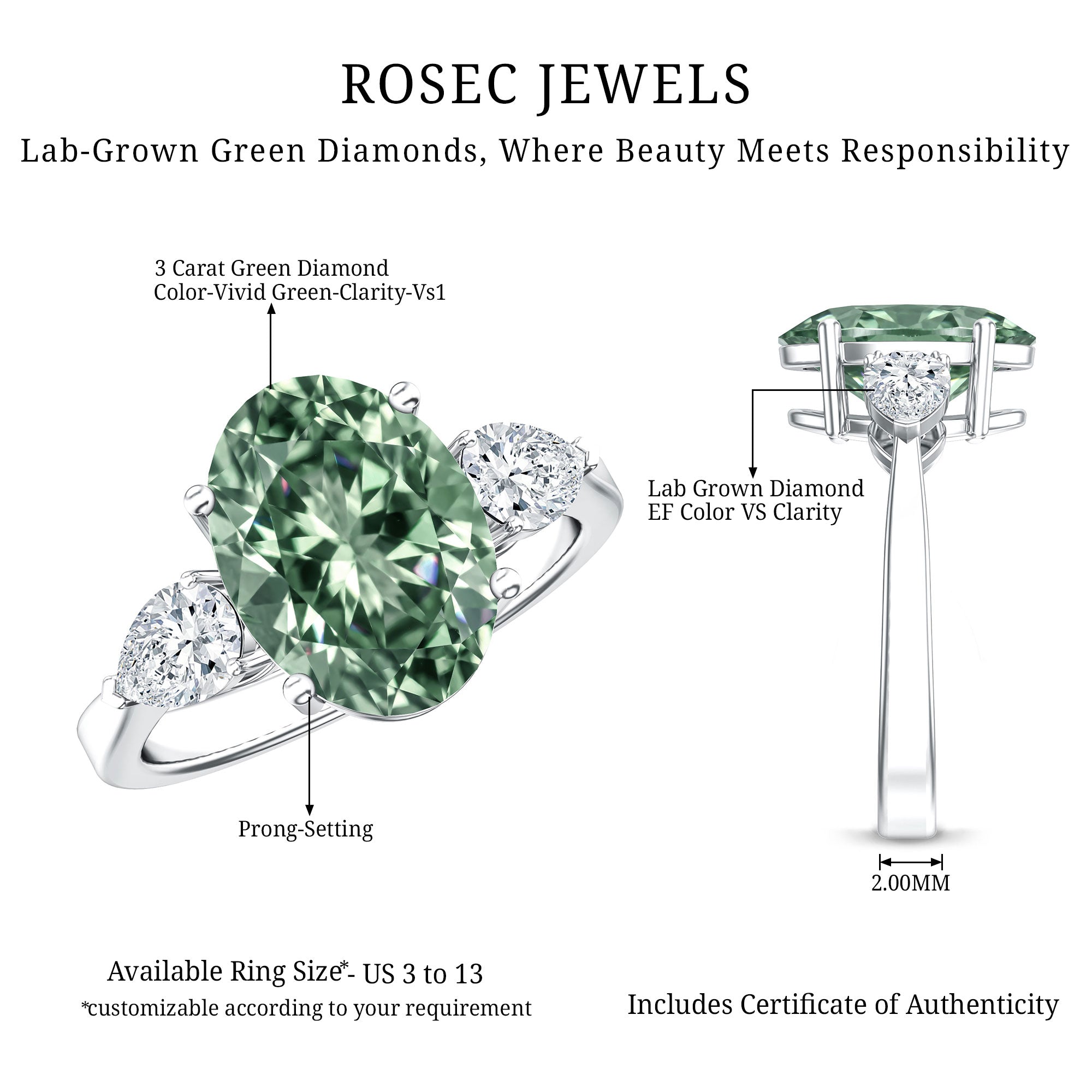 Lab Grown 3 Carat Green Diamond Past Present Future Ring with IGI Certificate Vivid Green - VS1 - Rosec Jewels