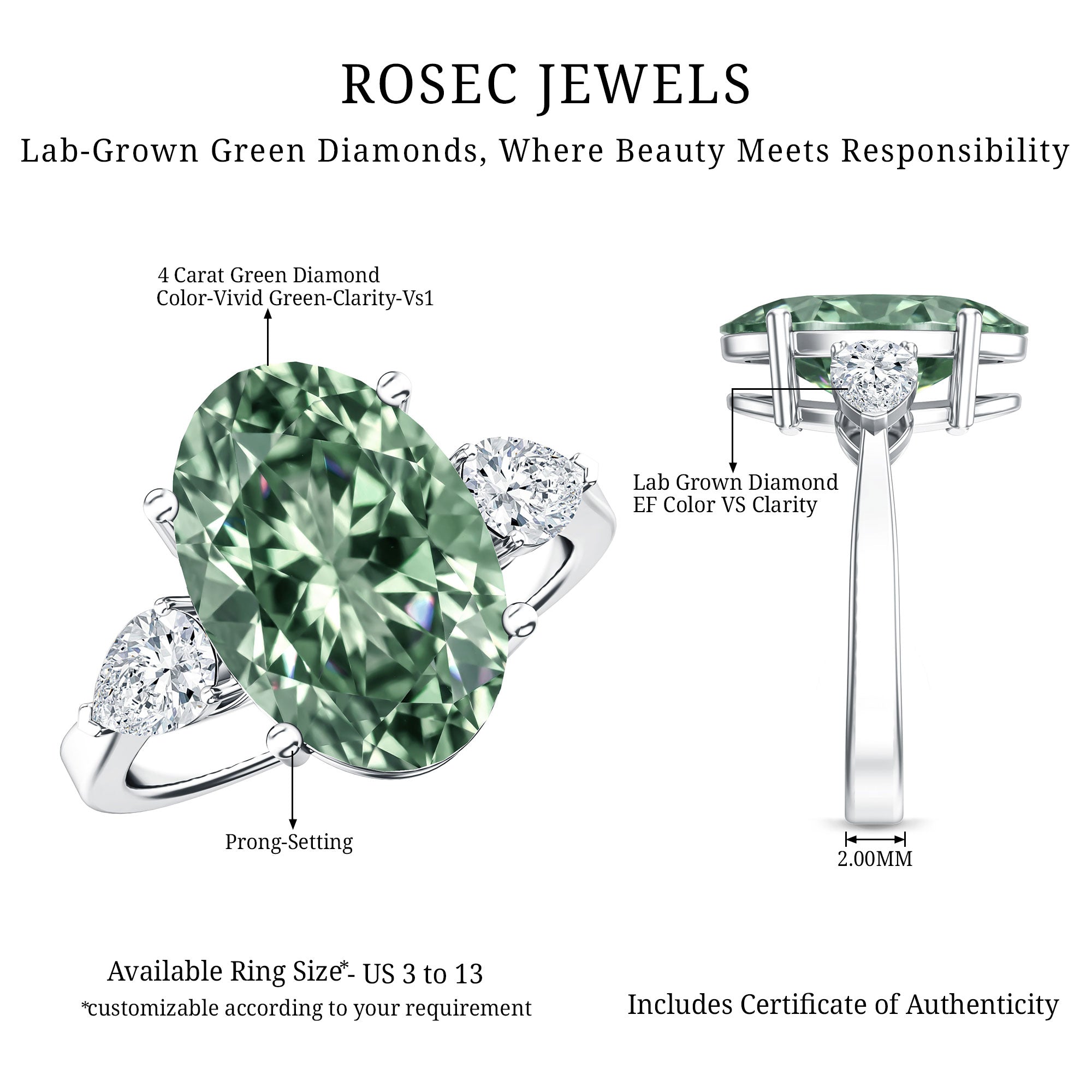 4 Carat Lab Grown Green Diamond Large Engagement Ring with IGI Certificate Vivid Green - VS1 - Rosec Jewels