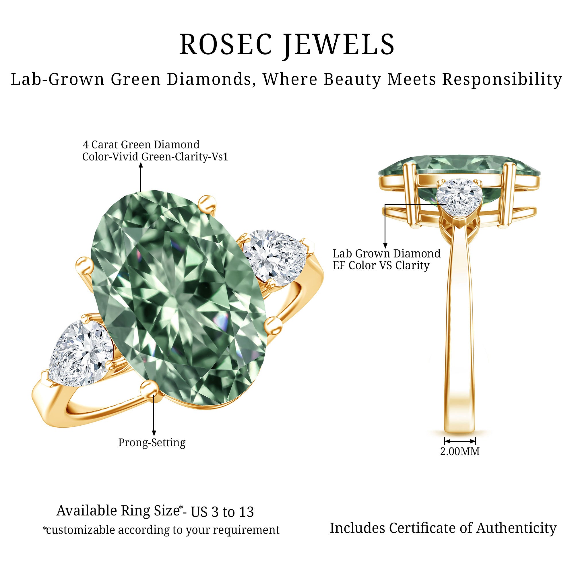 4 Carat Lab Grown Green Diamond Large Engagement Ring with IGI Certificate Vivid Green - VS1 - Rosec Jewels