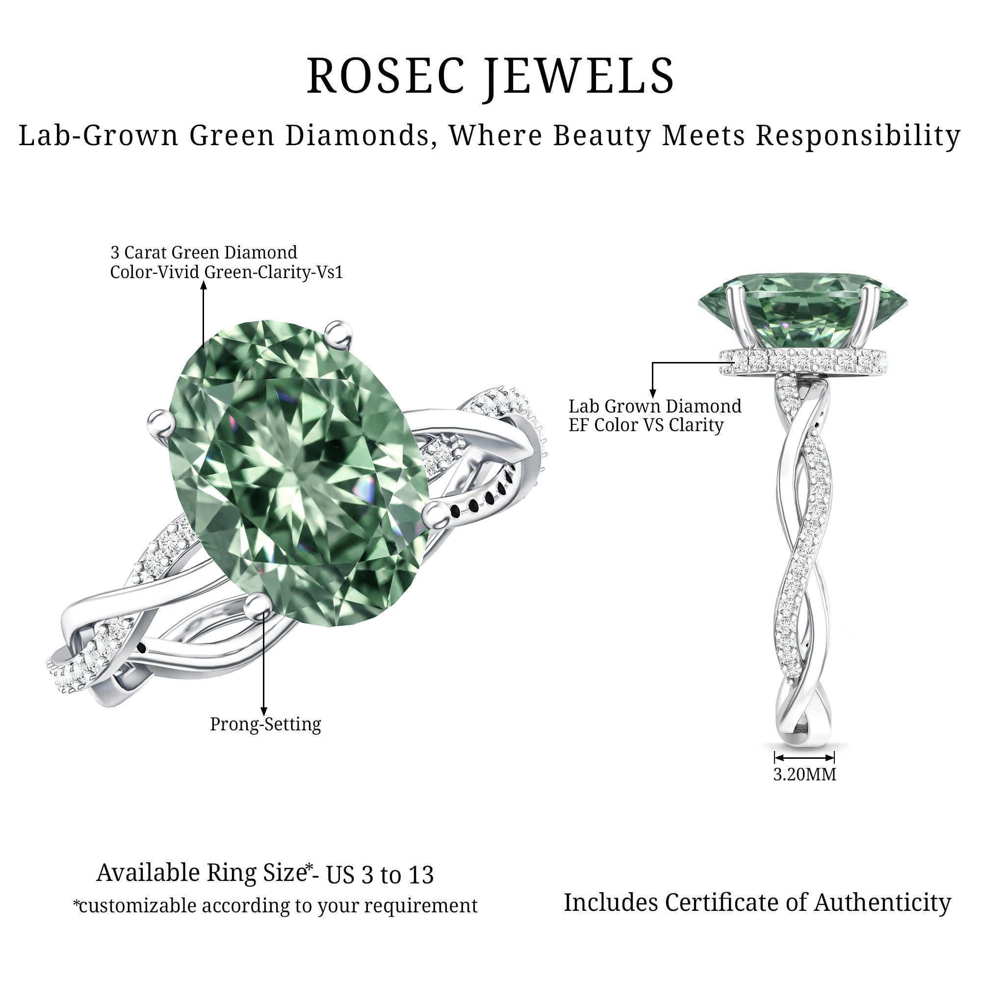 IGI Certified Lab Grown 3 Carat Green Diamond Braided Engagement Ring with Hidden Halo Vivid Green - VS1 - Rosec Jewels