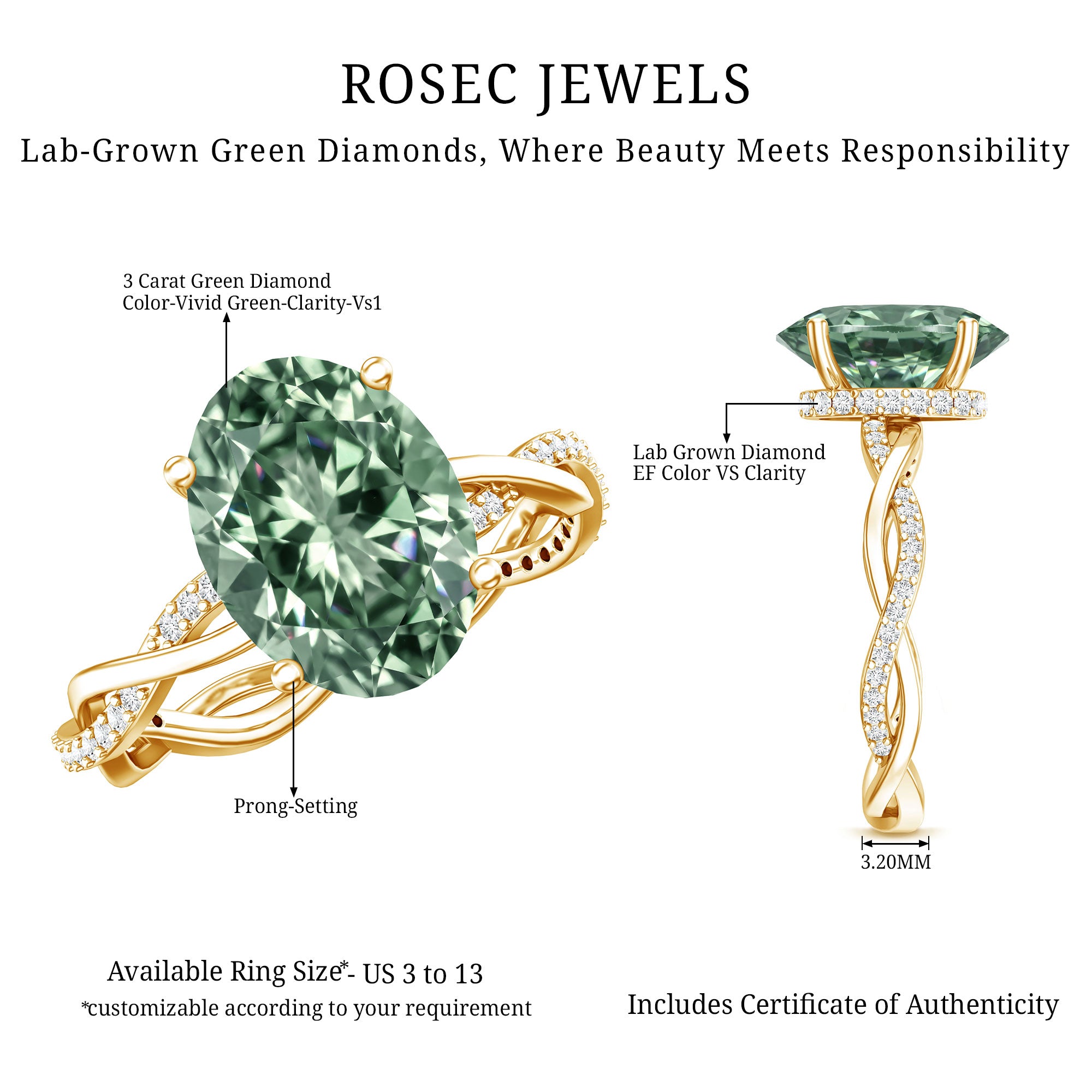 IGI Certified Lab Grown 3 Carat Green Diamond Braided Engagement Ring with Hidden Halo Vivid Green - VS1 - Rosec Jewels