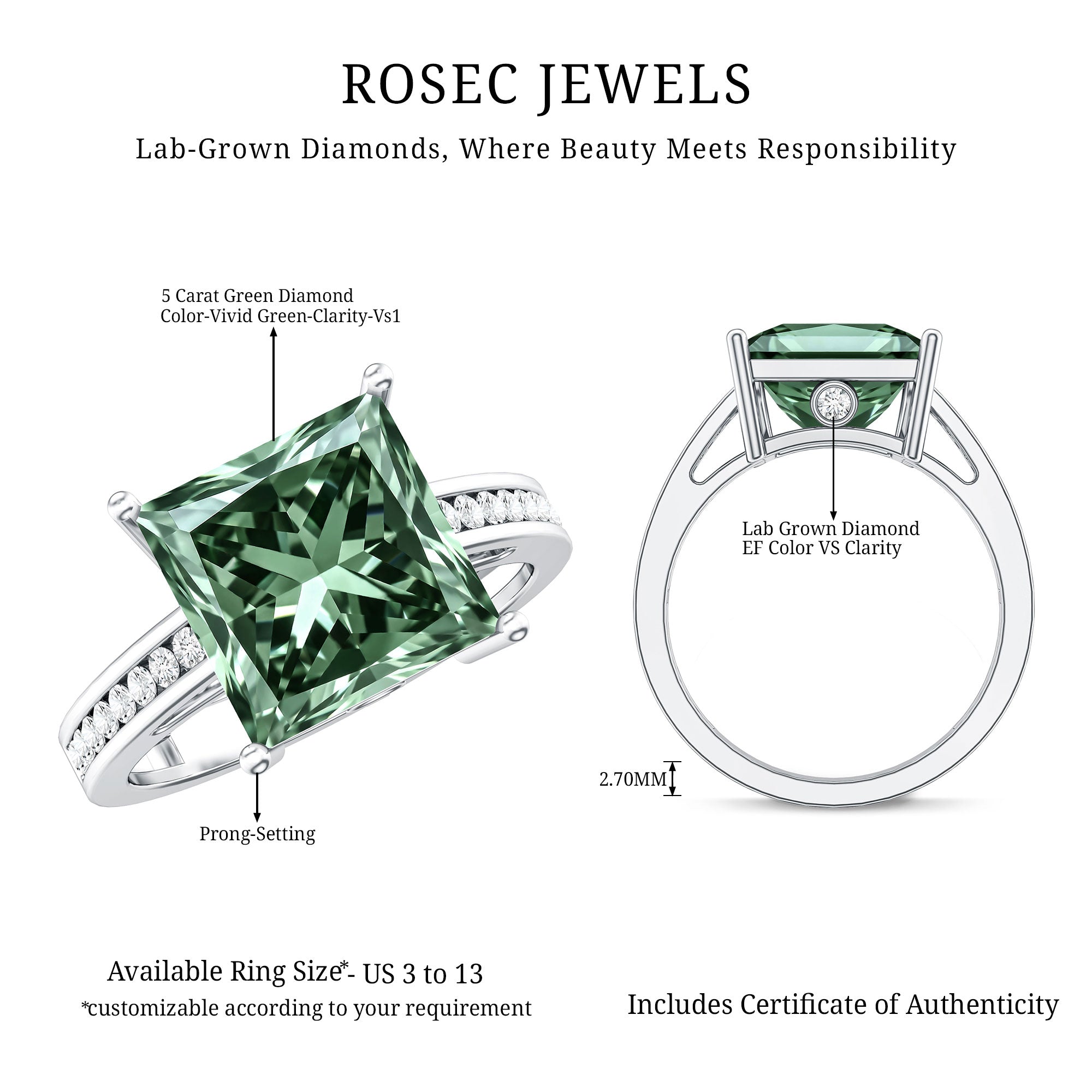 Princess Cut Lab Grown Green Diamond 5 Carat Engagement Ring IGI Certified Vivid Green - VS1 - Rosec Jewels