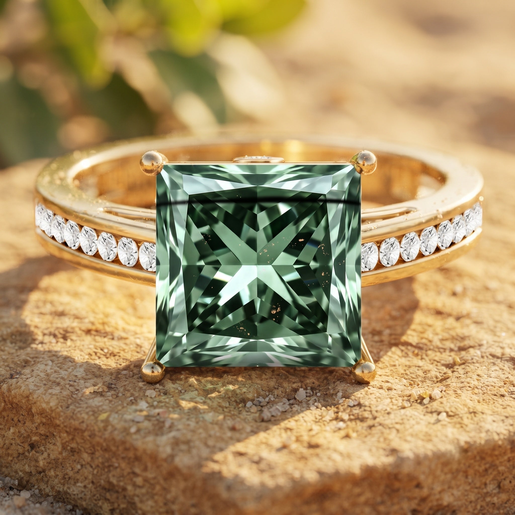 Princess Cut Lab Grown Green Diamond 5 Carat Engagement Ring IGI Certified Vivid Green - VS1 - Rosec Jewels
